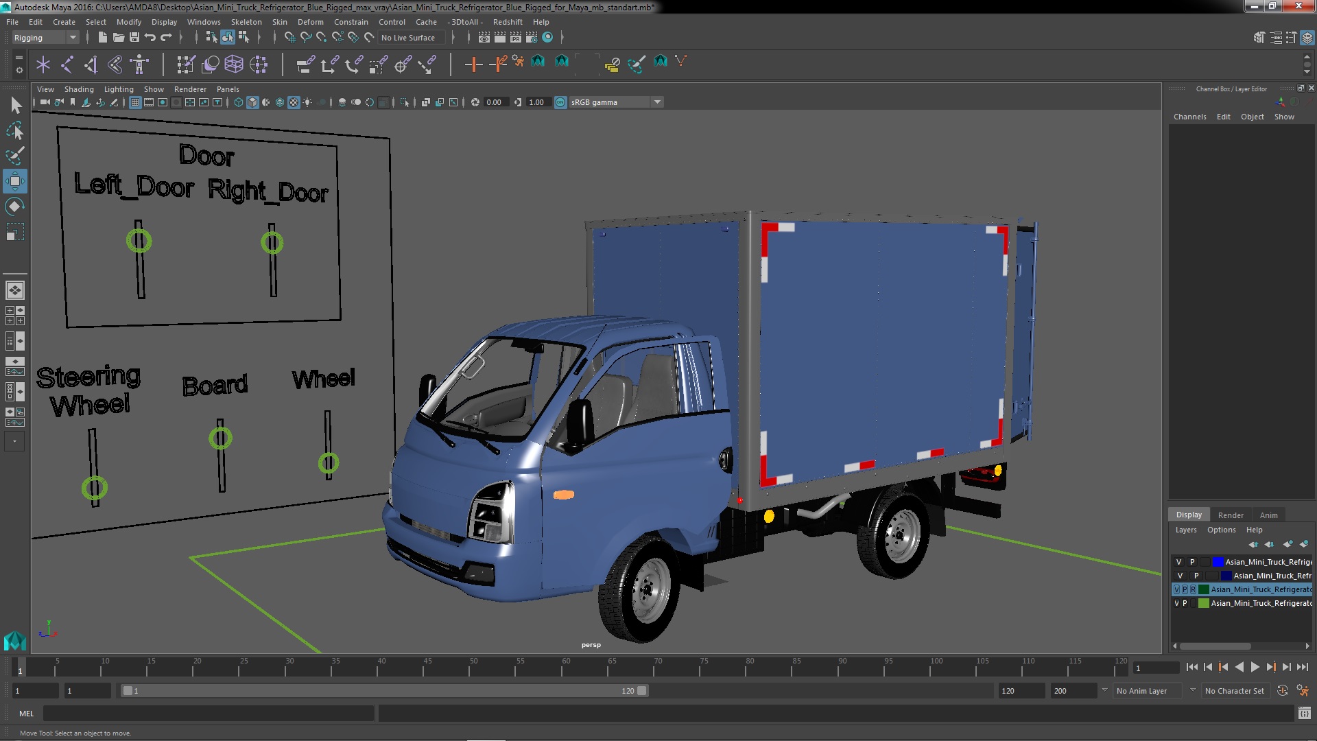 3D model Asian Mini Truck Refrigerator Blue Rigged for Maya