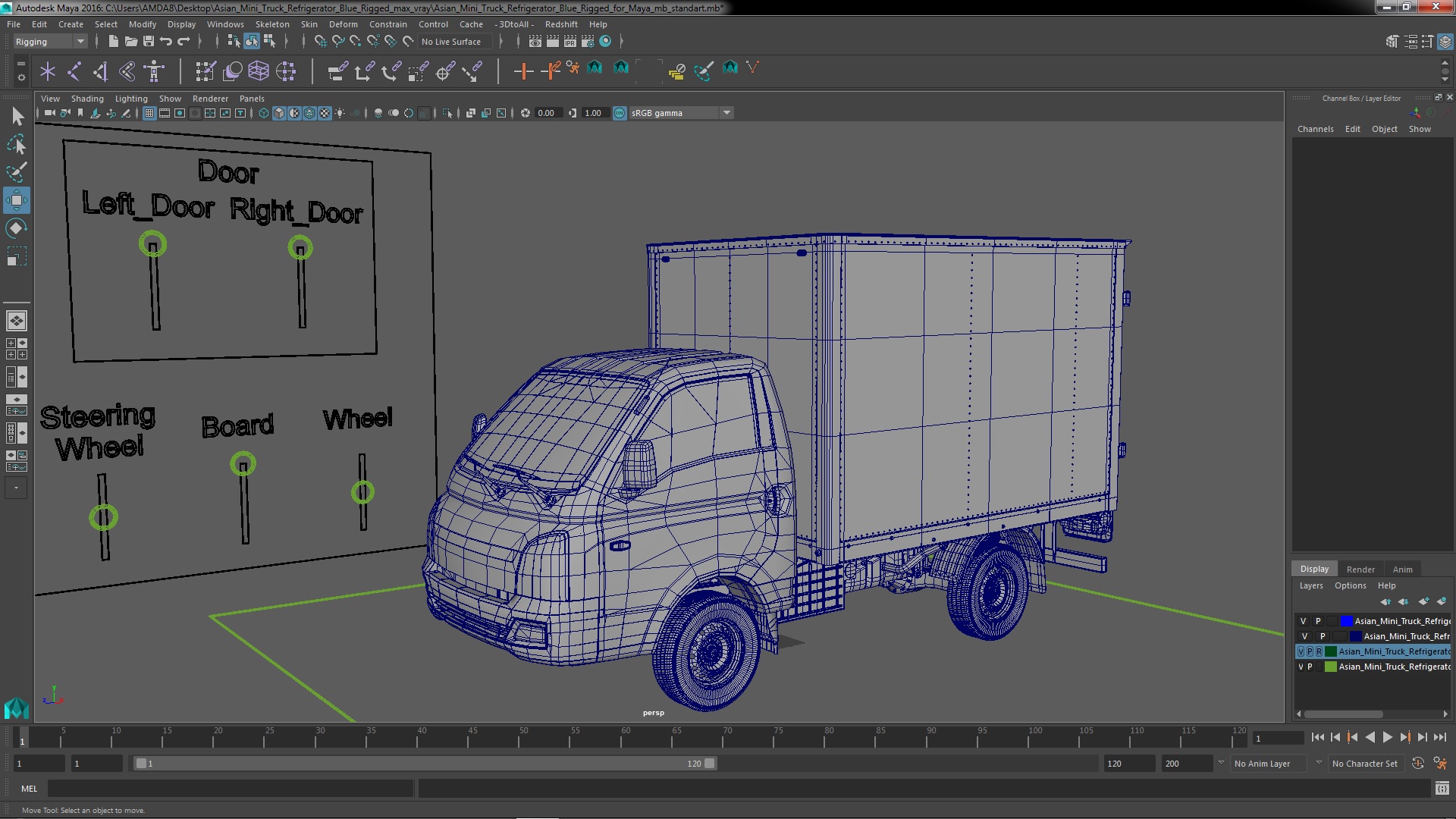 3D model Asian Mini Truck Refrigerator Blue Rigged for Maya