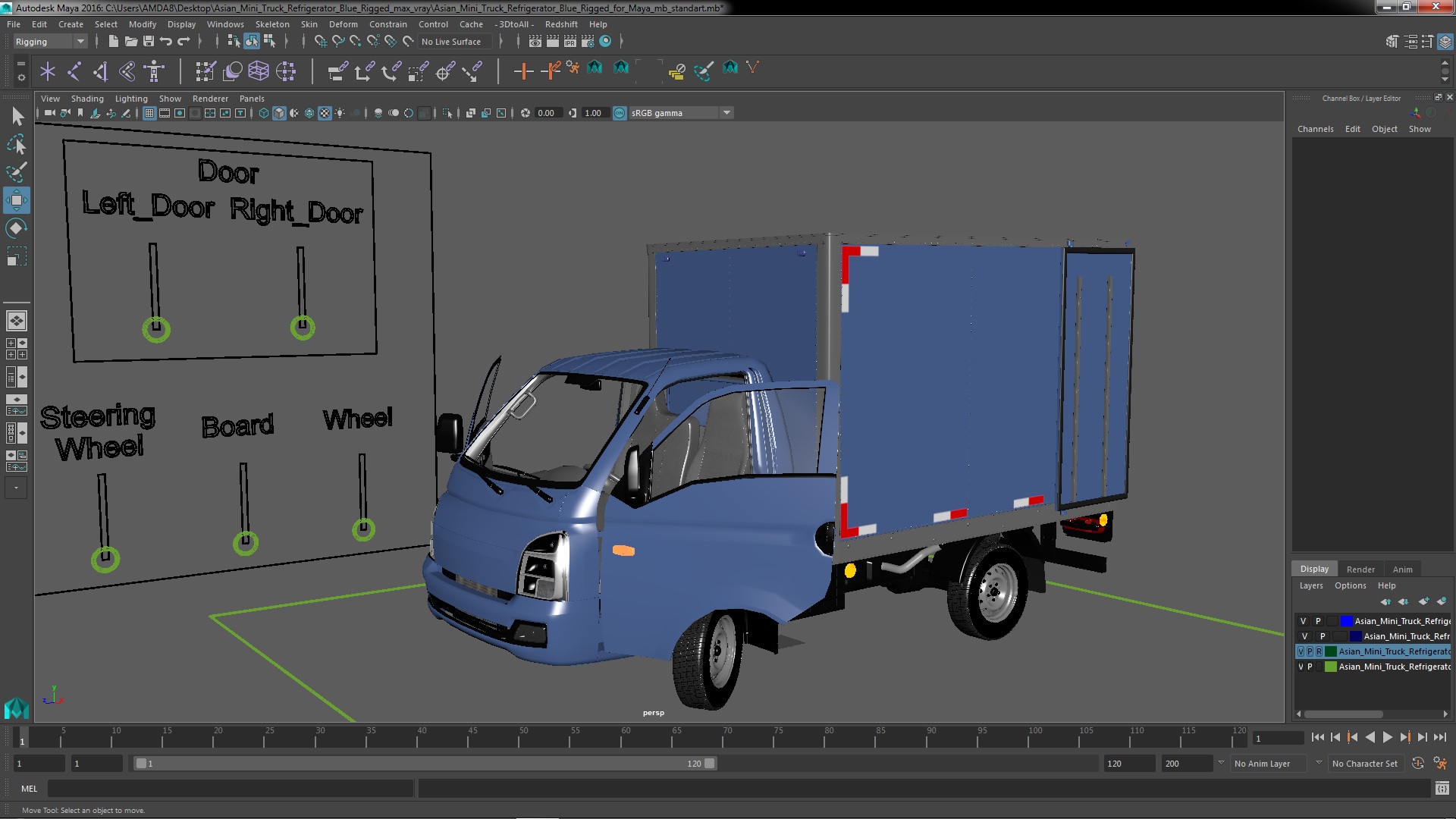 3D model Asian Mini Truck Refrigerator Blue Rigged for Maya