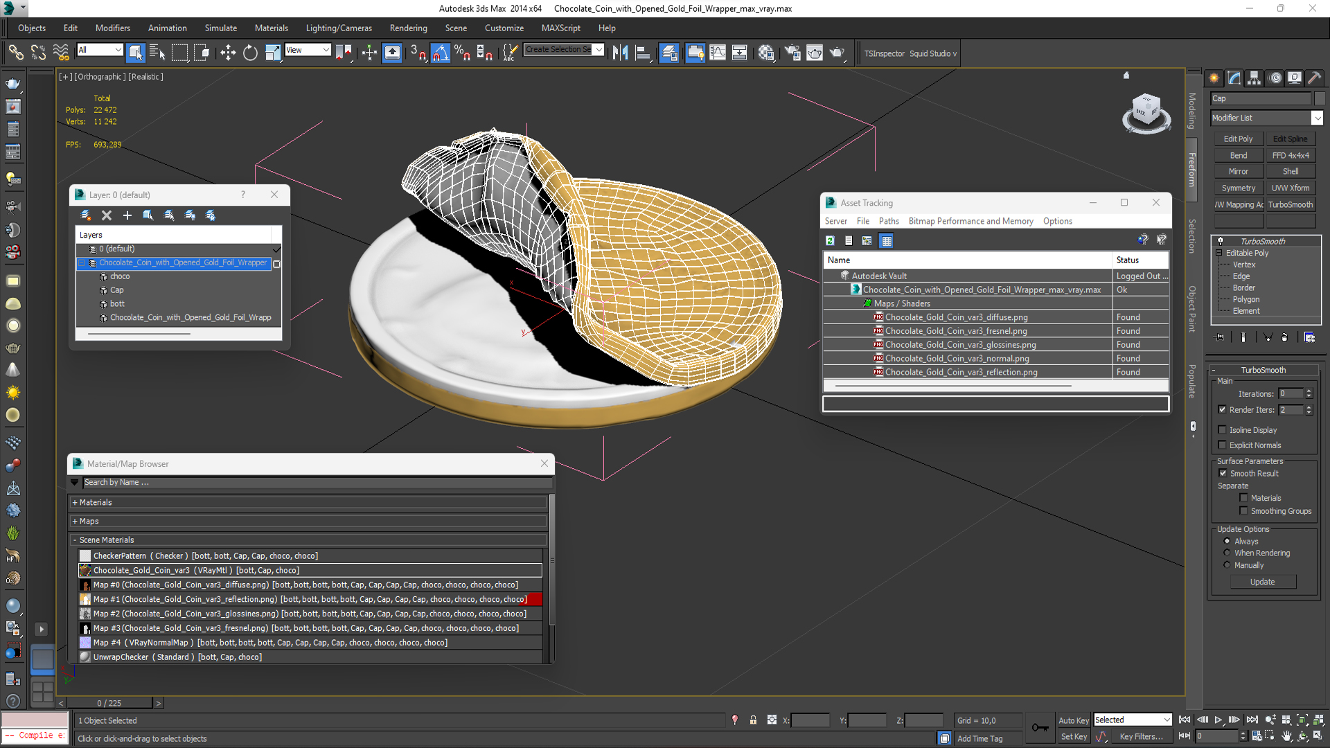 Chocolate Coin with Opened Gold Foil Wrapper 3D model
