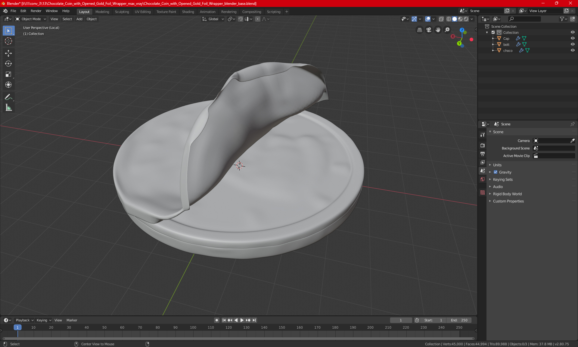 Chocolate Coin with Opened Gold Foil Wrapper 3D model