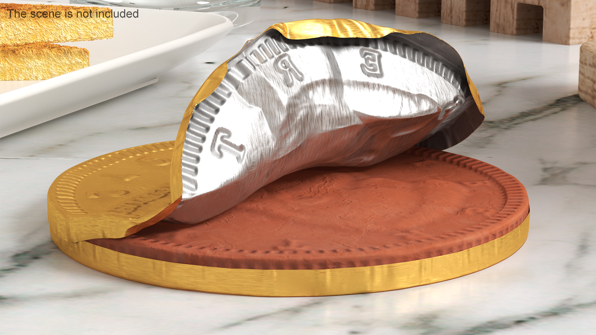 Chocolate Coin with Opened Gold Foil Wrapper 3D model