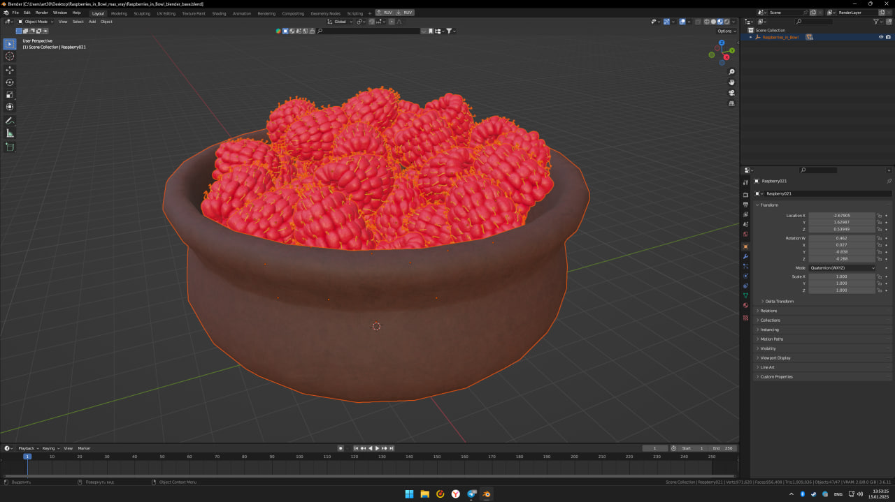 Raspberries in Bowl 3D model