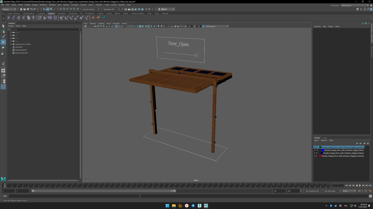 Double Garage Door with Windows Rigged for Maya 3D