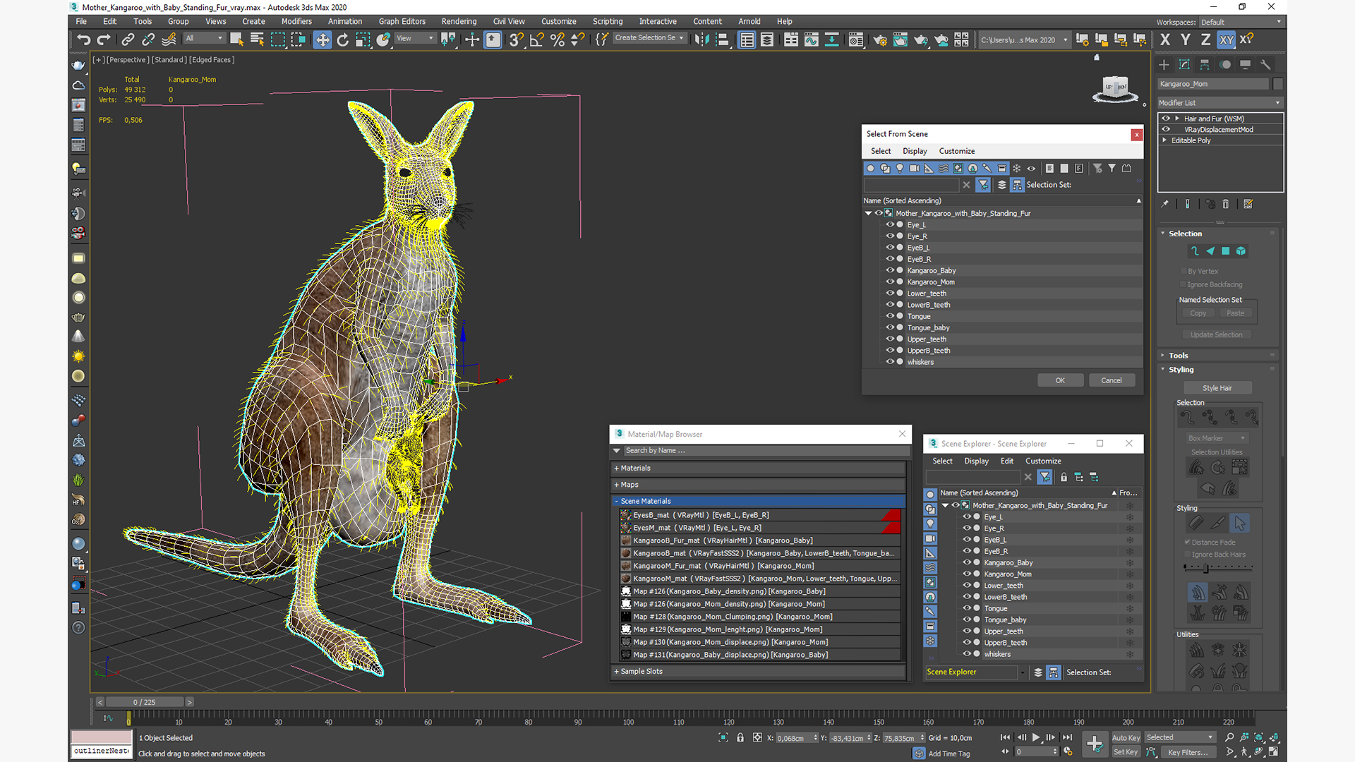 3D Mother Kangaroo with Baby Standing Fur model