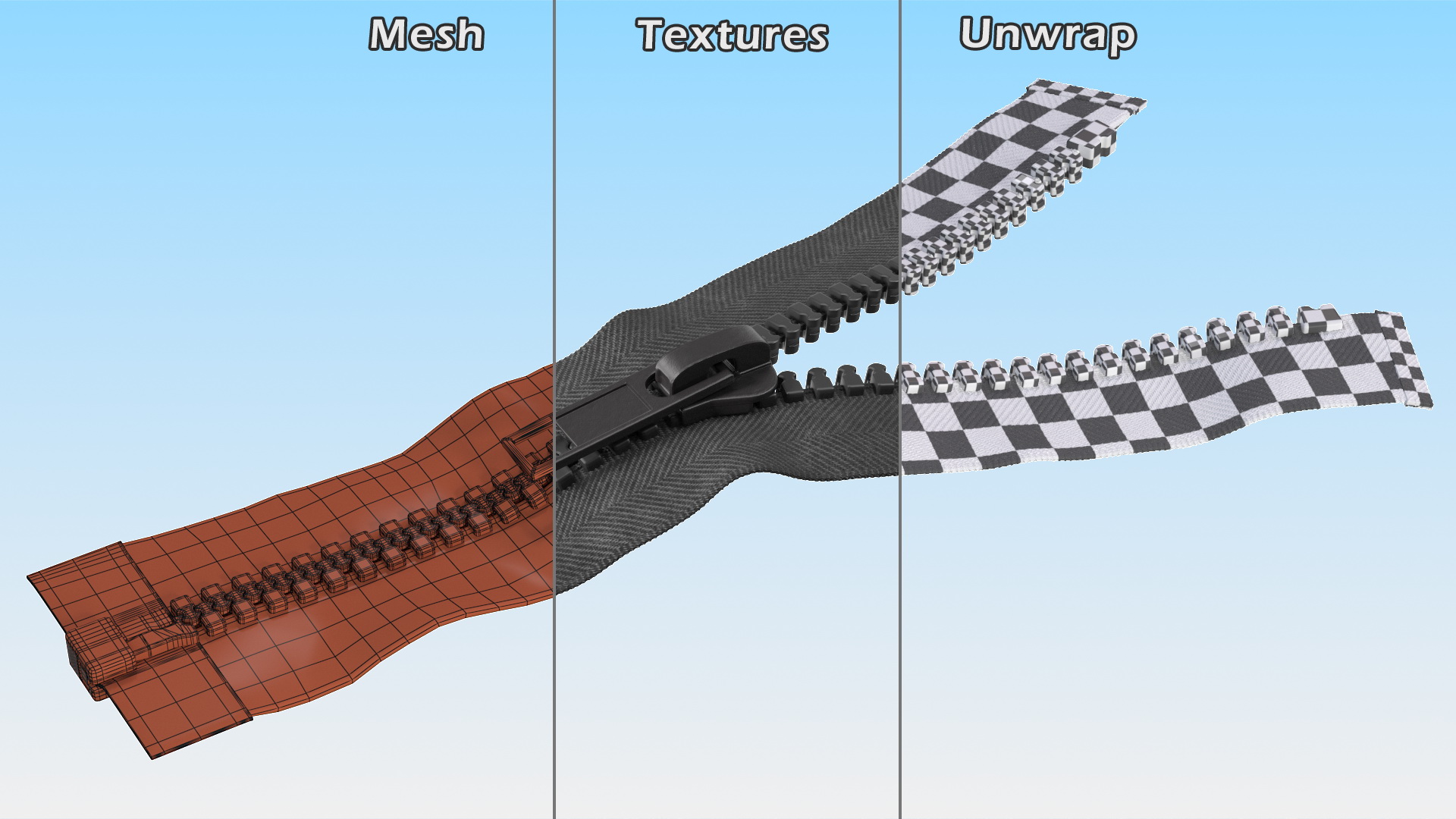 Two Sided Plastic Zipper Opened Black 3D