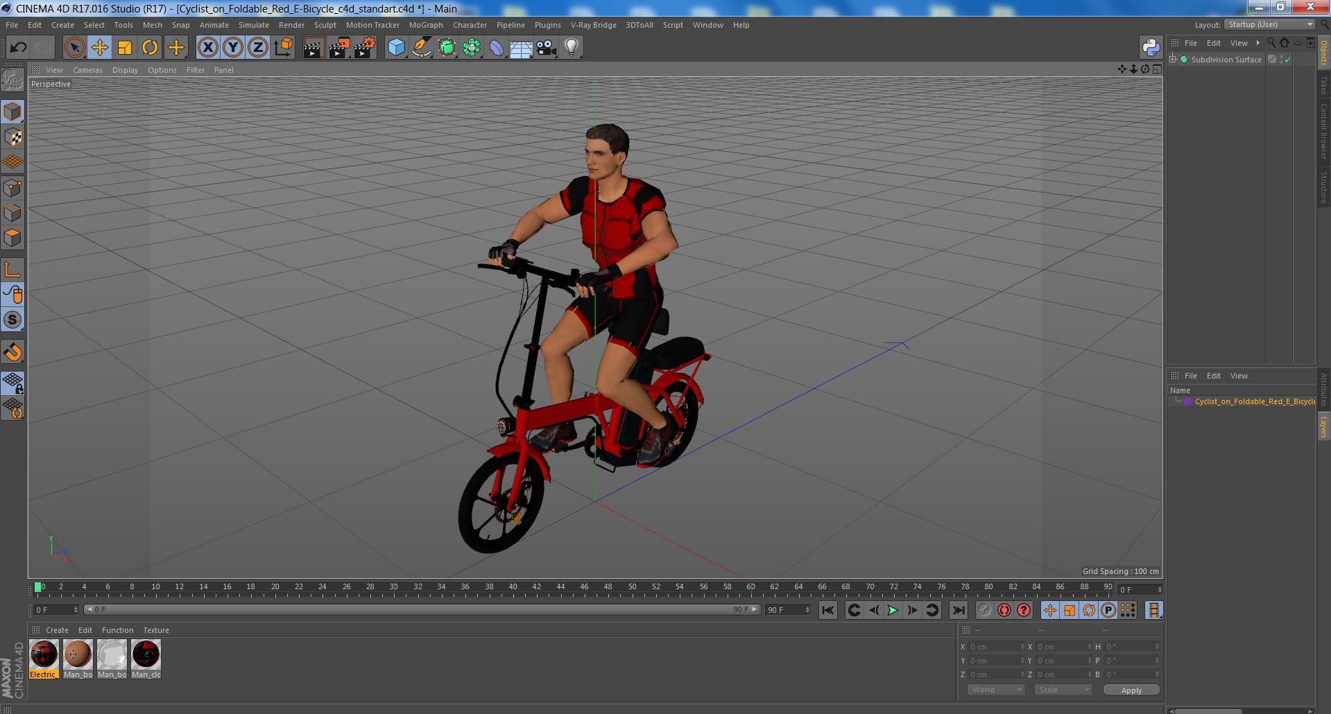 3D Cyclist on Foldable Red E-Bicycle model