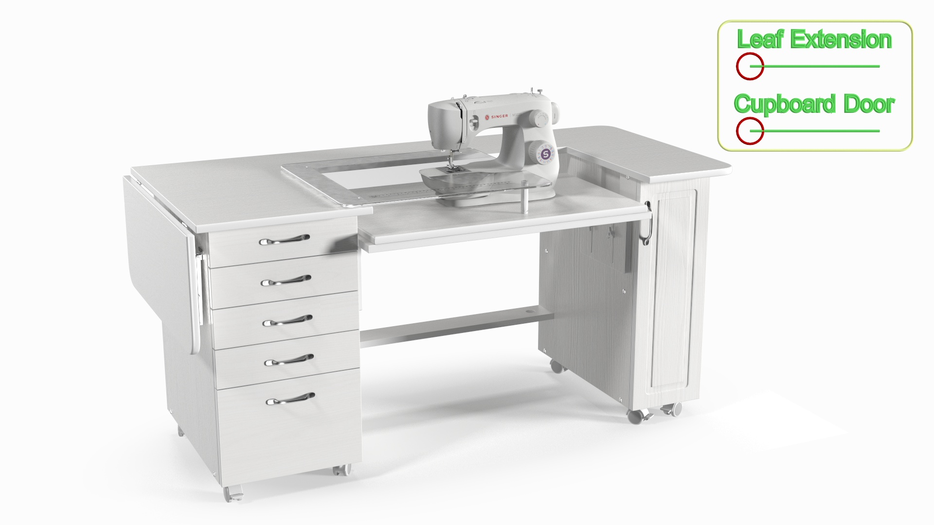 3D Singer Sewing Machine on White Table Cabinet Rigged