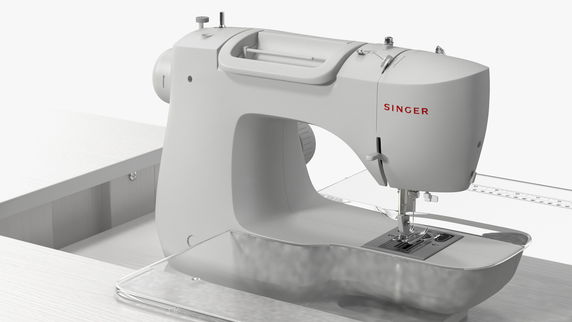 3D Singer Sewing Machine on White Table Cabinet Rigged
