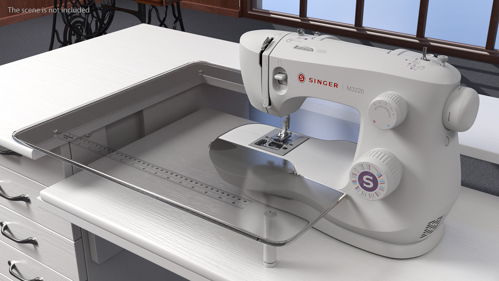 3D Singer Sewing Machine on White Table Cabinet Rigged