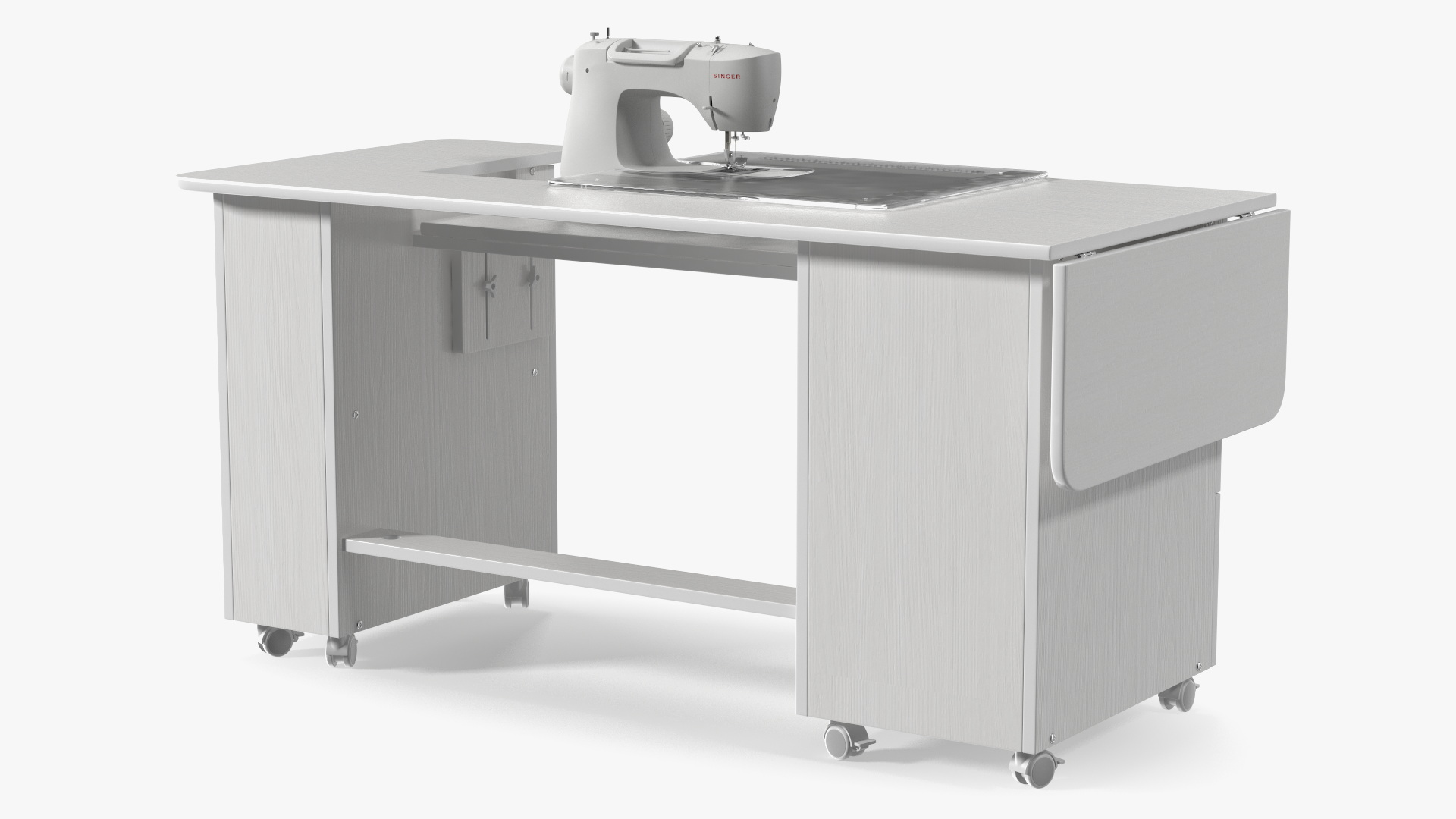 3D Singer Sewing Machine on White Table Cabinet Rigged