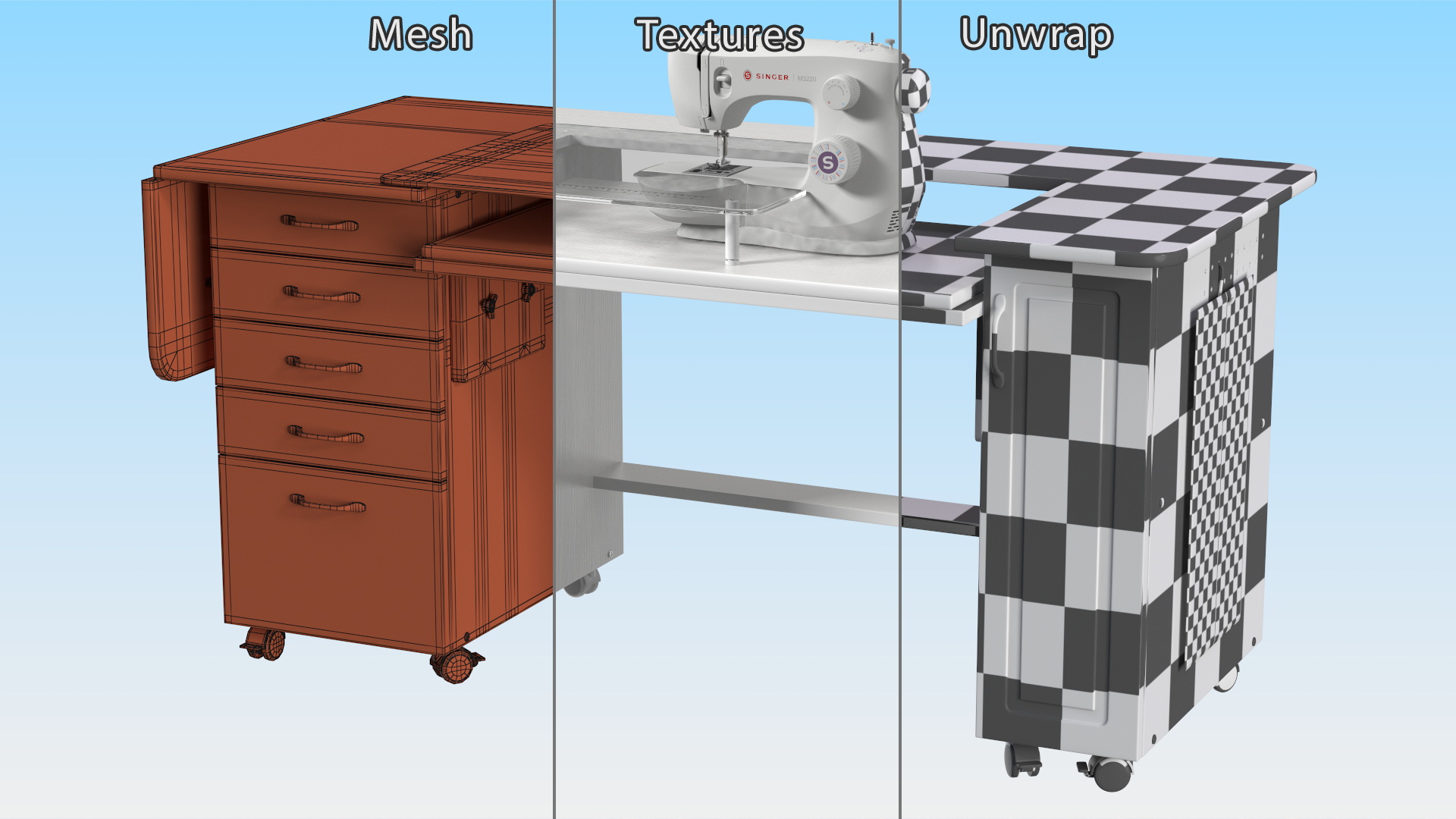 3D Singer Sewing Machine on White Table Cabinet Rigged