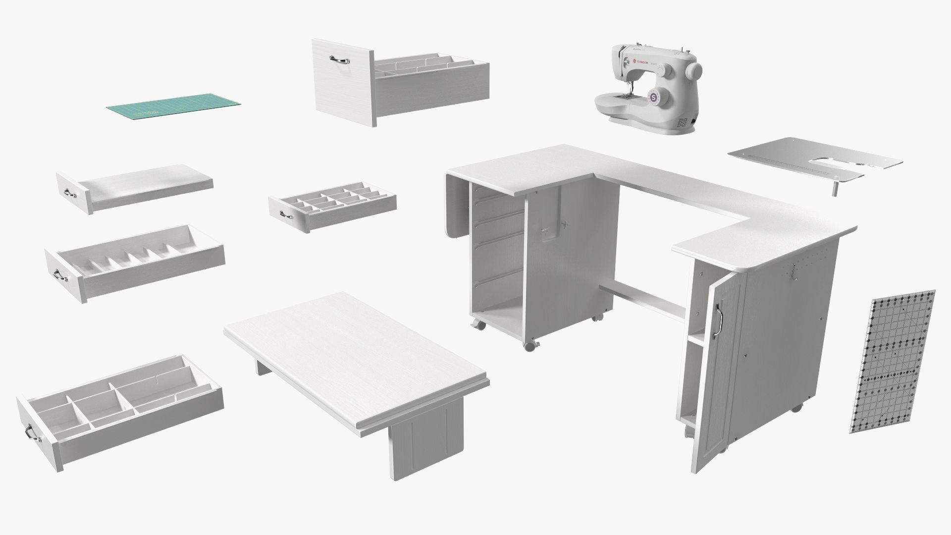 3D Singer Sewing Machine on White Table Cabinet Rigged
