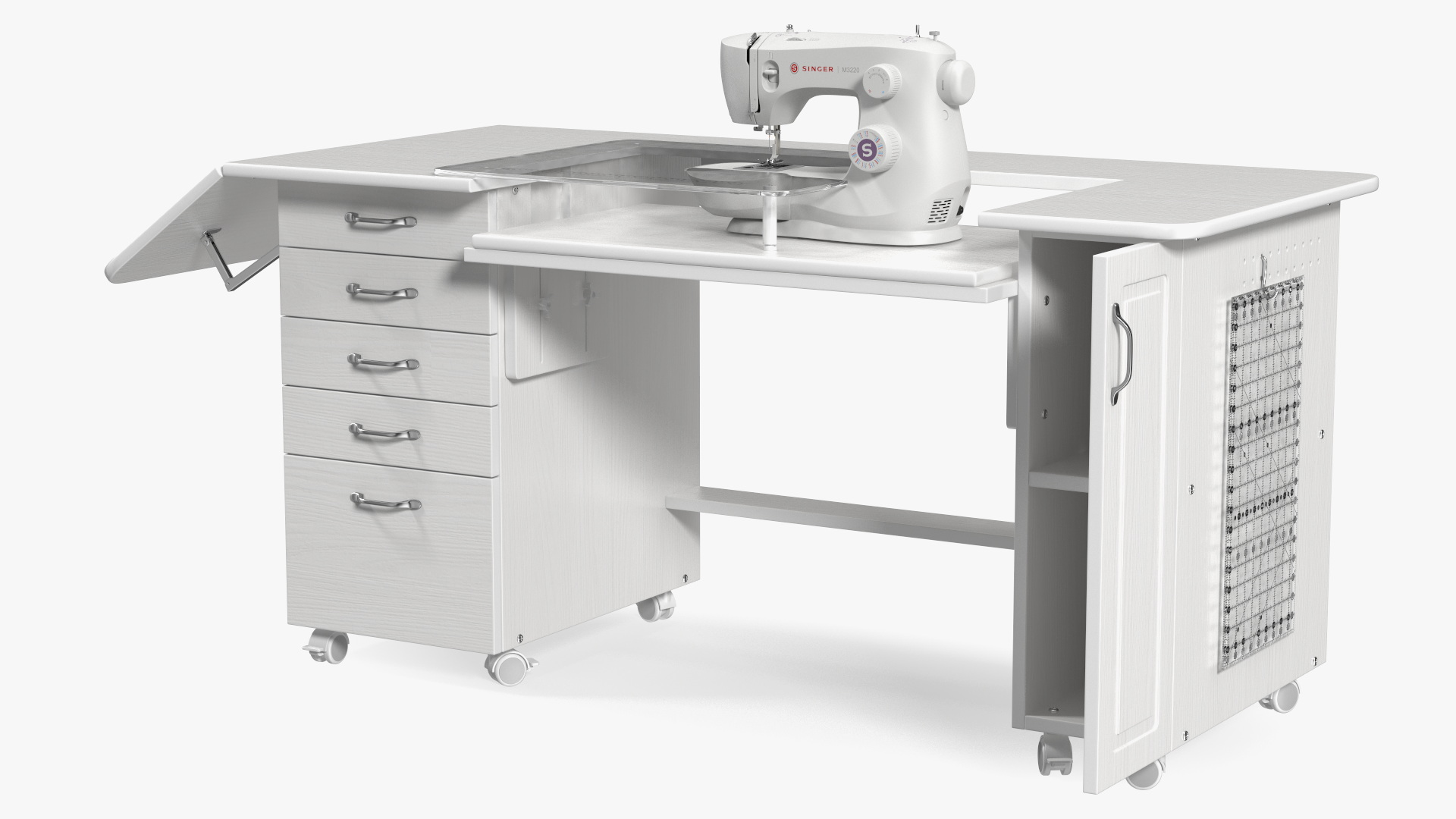 3D Singer Sewing Machine on White Table Cabinet Rigged