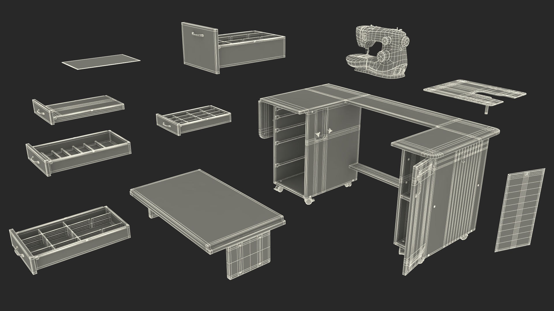 3D Singer Sewing Machine on White Table Cabinet Rigged