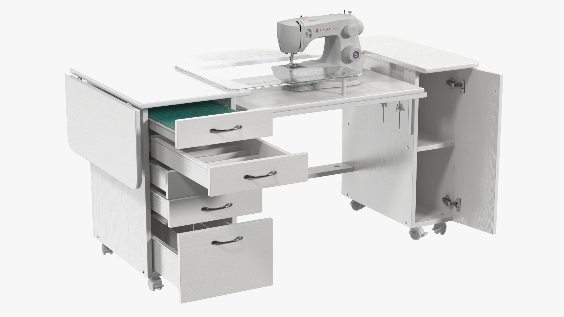 3D Singer Sewing Machine on White Table Cabinet Rigged