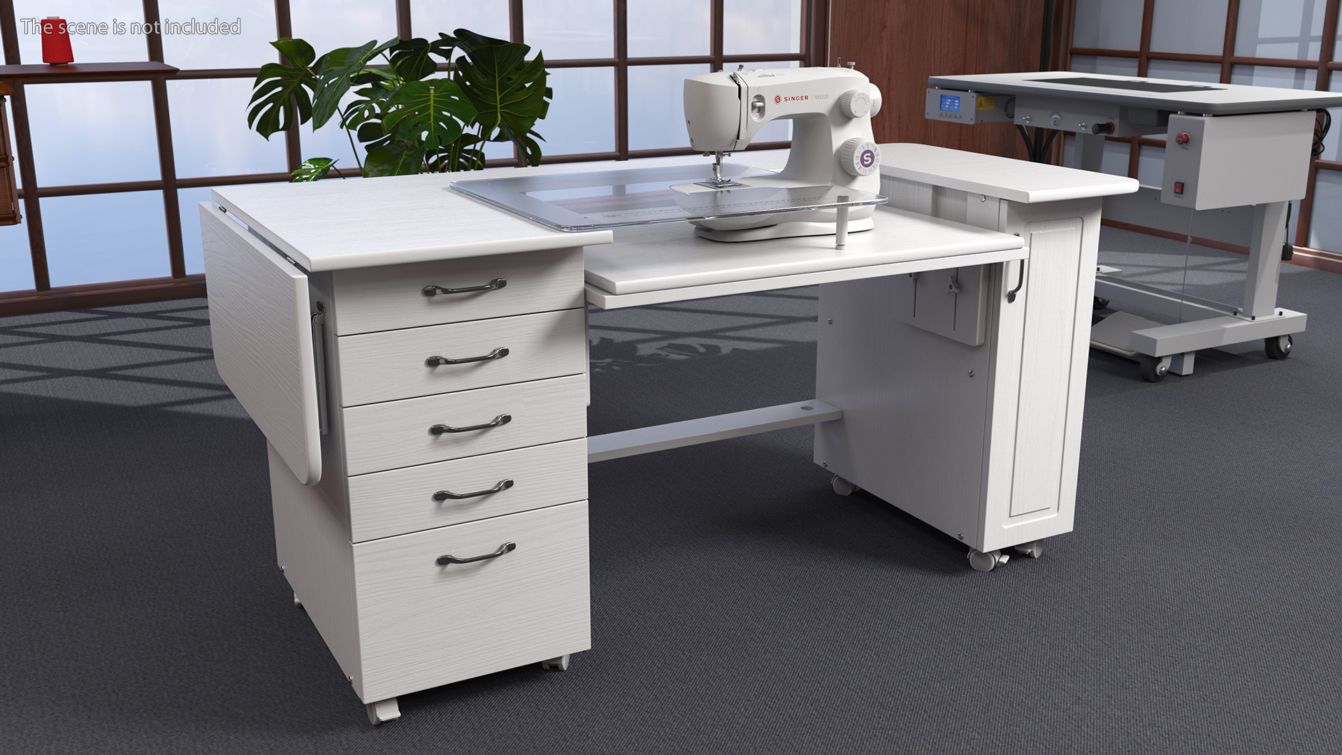 3D Singer Sewing Machine on White Table Cabinet Rigged