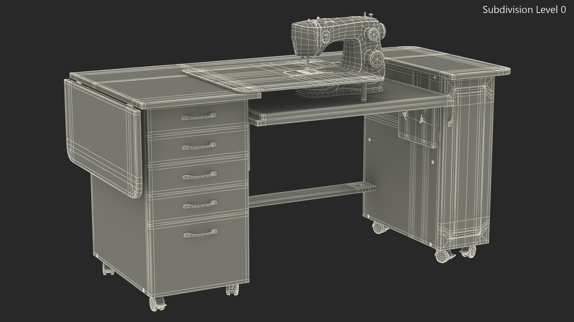 3D Singer Sewing Machine on White Table Cabinet Rigged