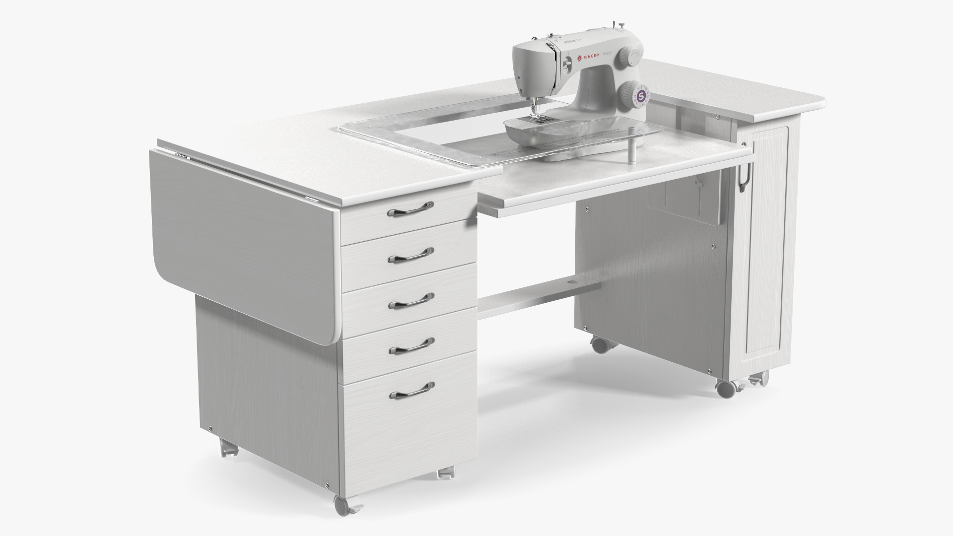 3D Singer Sewing Machine on White Table Cabinet Rigged