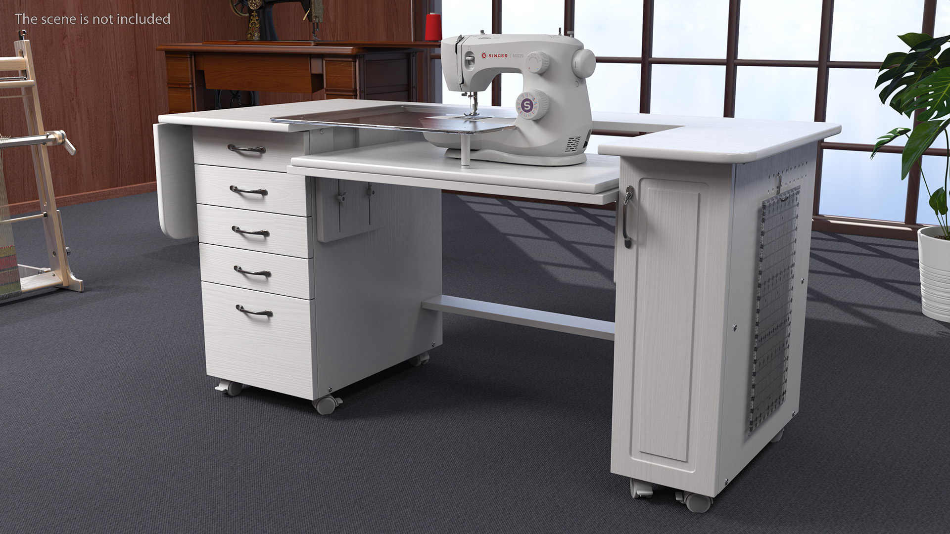 3D Singer Sewing Machine on White Table Cabinet Rigged