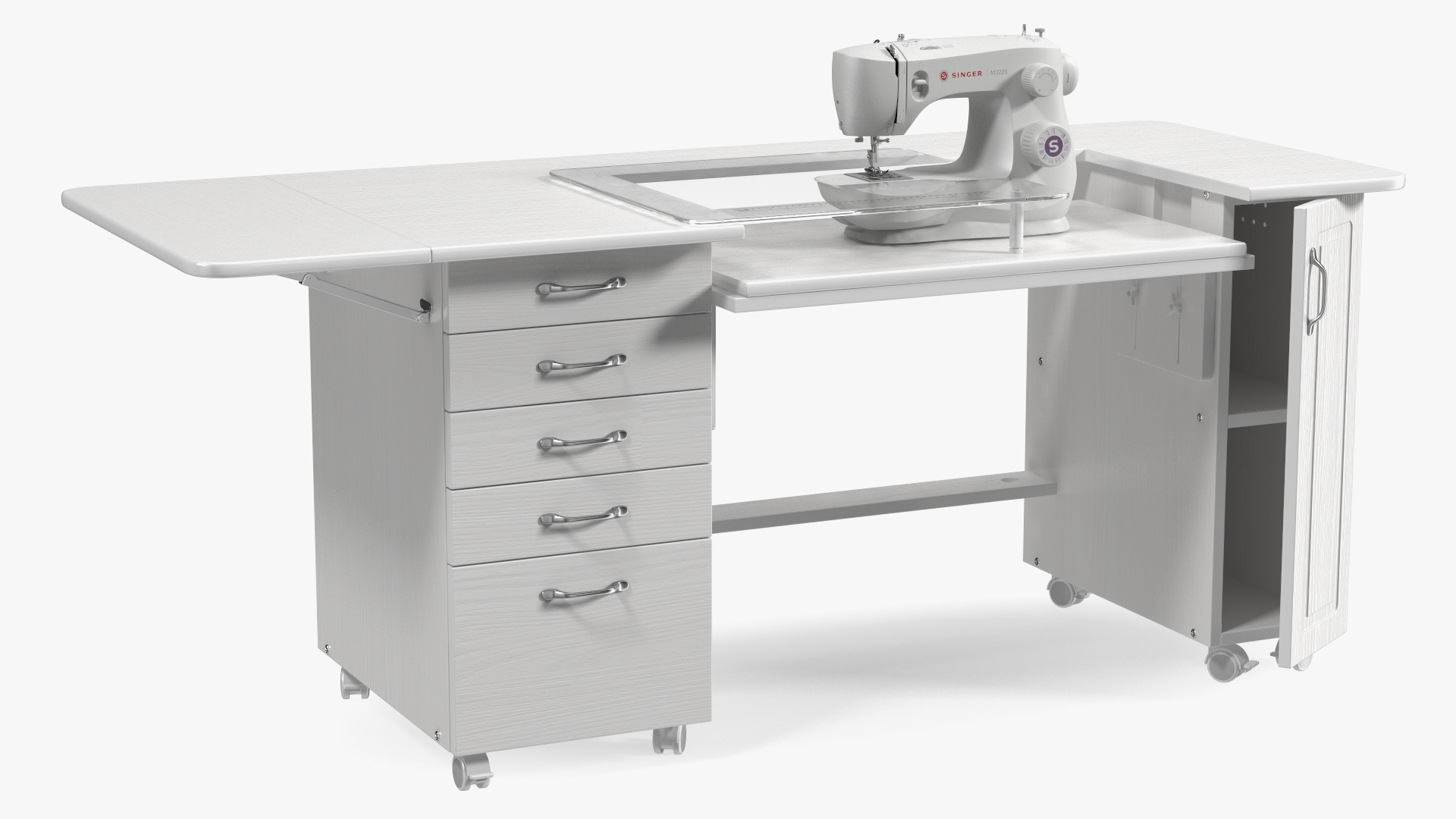 3D Singer Sewing Machine on White Table Cabinet Rigged