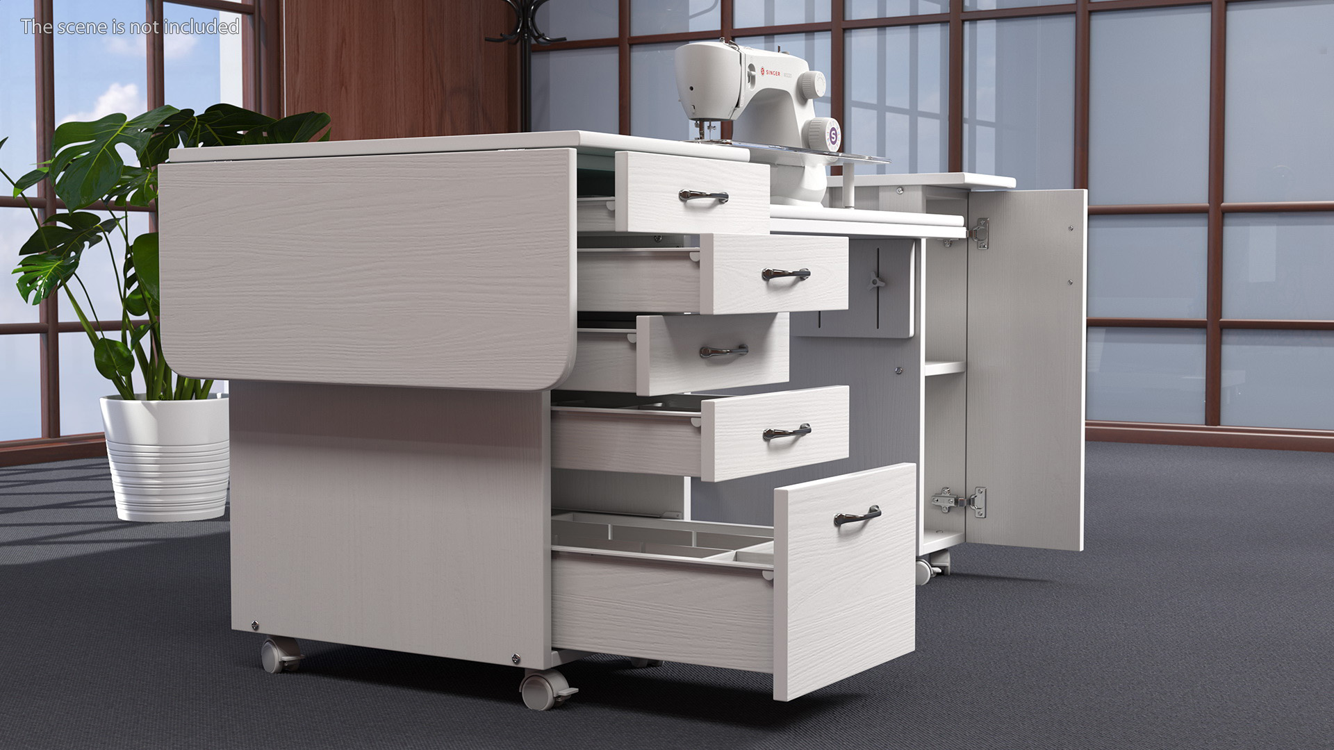 3D Singer Sewing Machine on White Table Cabinet Rigged