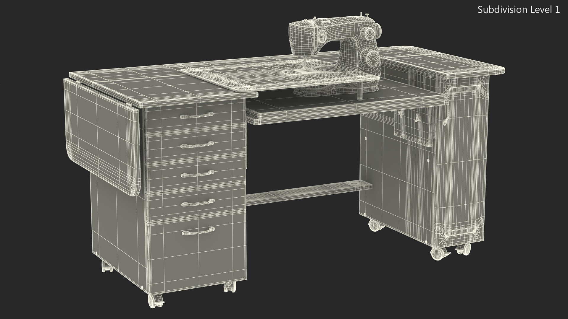 3D Singer Sewing Machine on White Table Cabinet Rigged