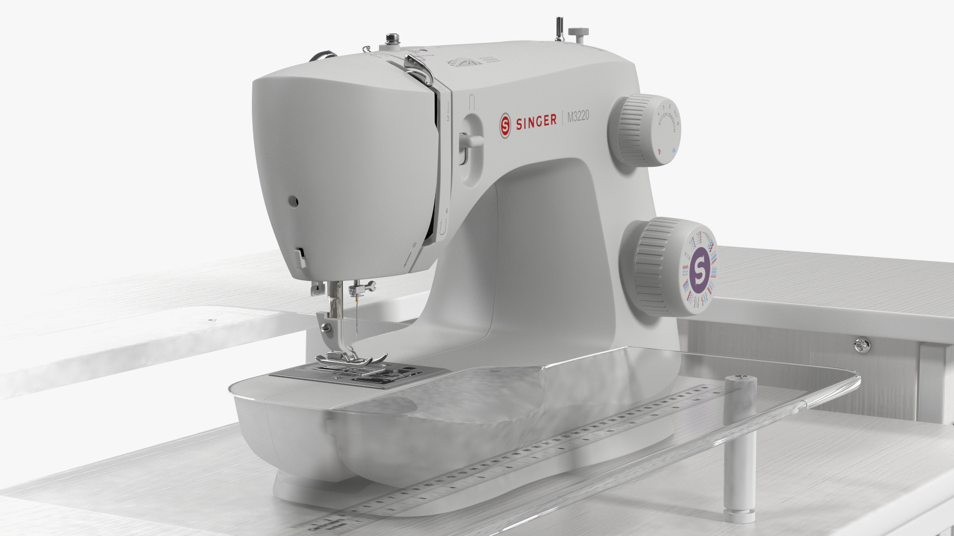3D Singer Sewing Machine on White Table Cabinet Rigged