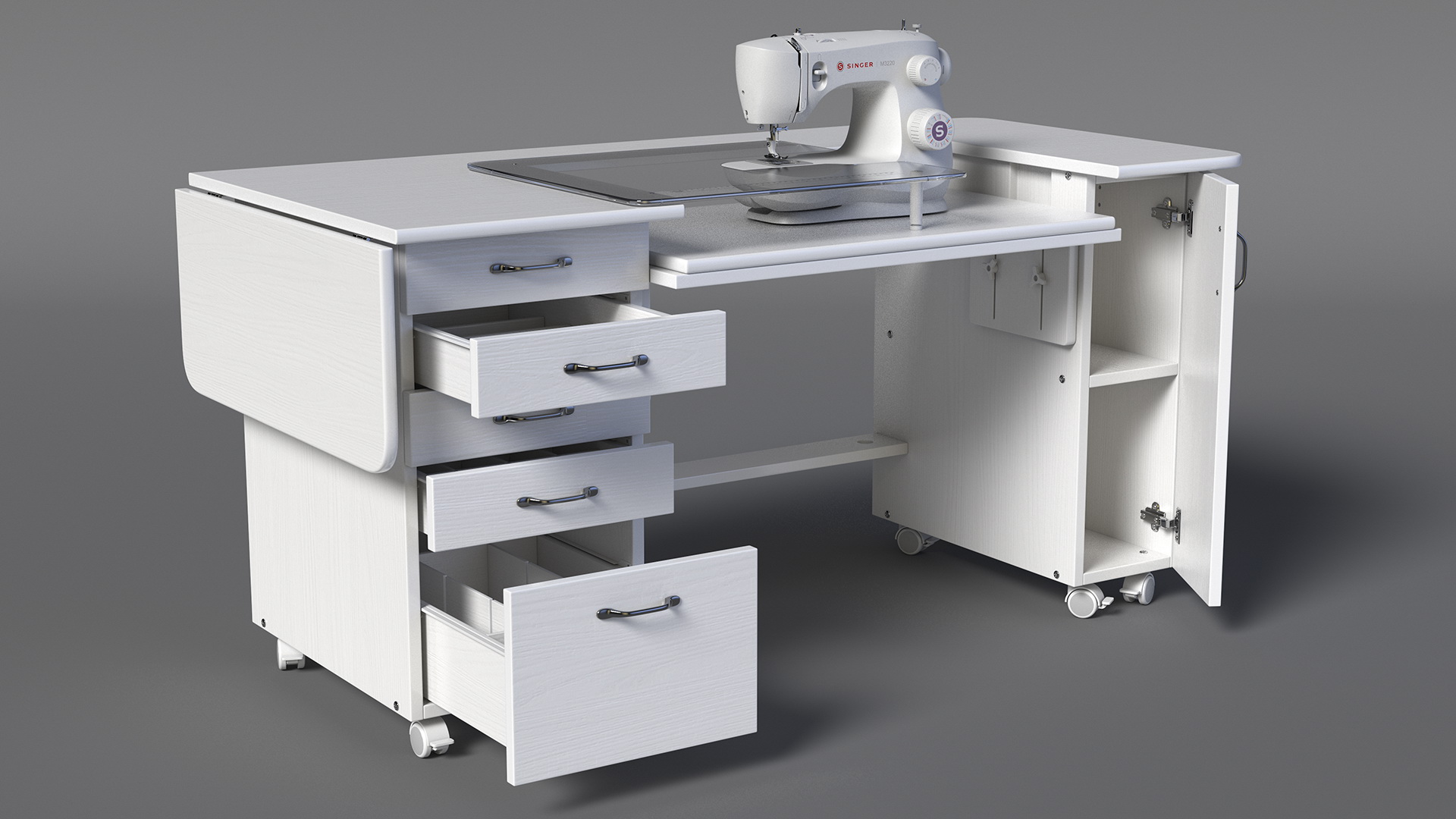 3D Singer Sewing Machine on White Table Cabinet Rigged