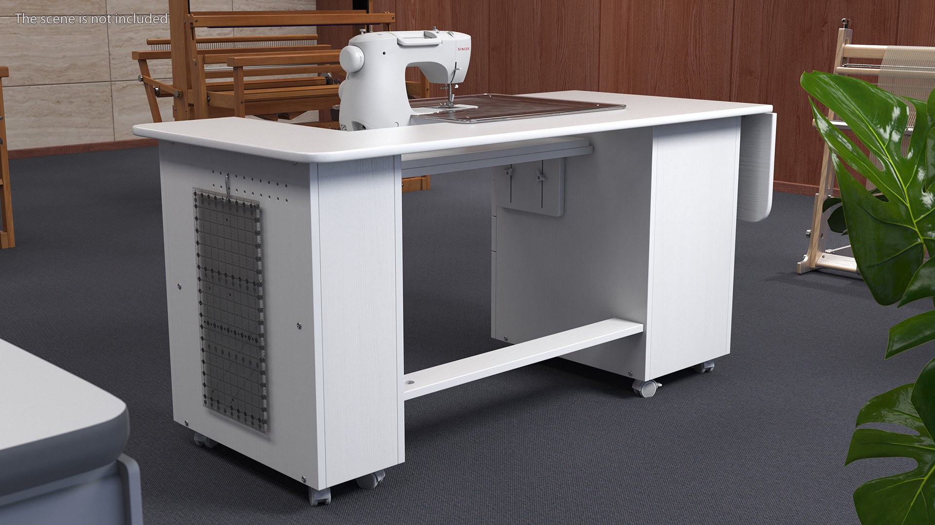 3D Singer Sewing Machine on White Table Cabinet Rigged