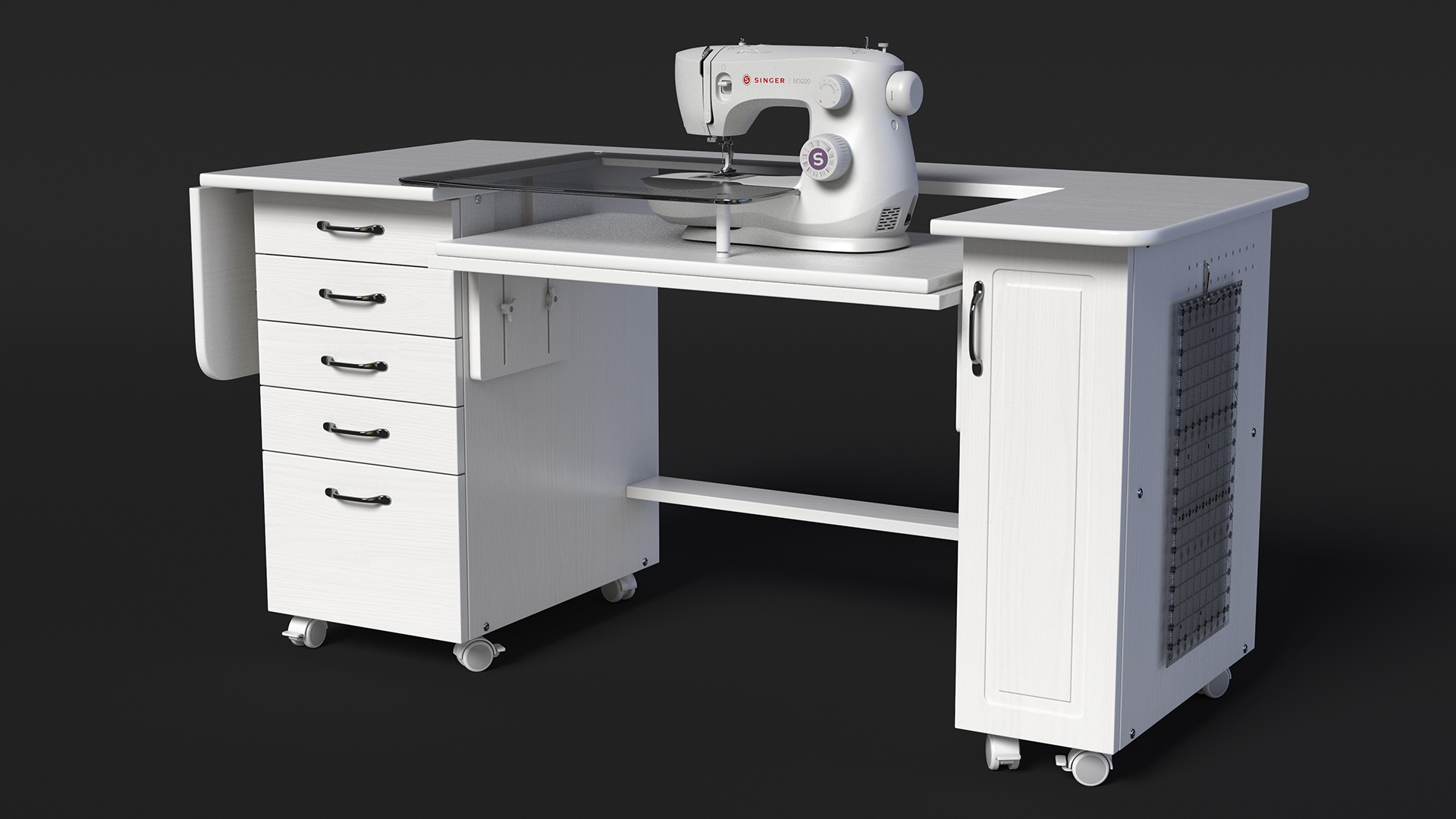 3D Singer Sewing Machine on White Table Cabinet Rigged