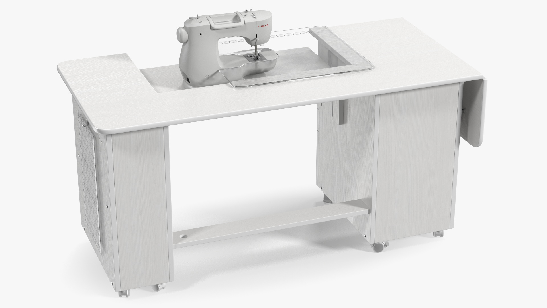 3D Singer Sewing Machine on White Table Cabinet Rigged