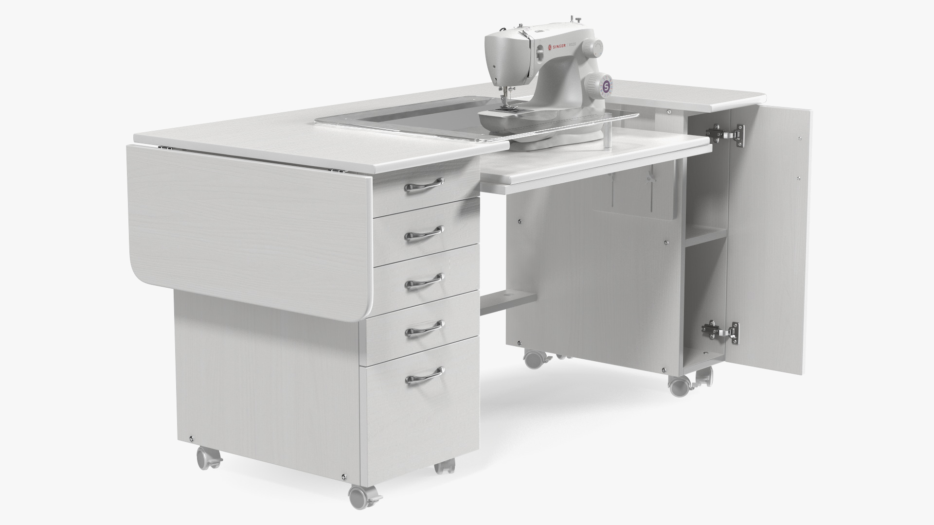 3D Singer Sewing Machine on White Table Cabinet Rigged