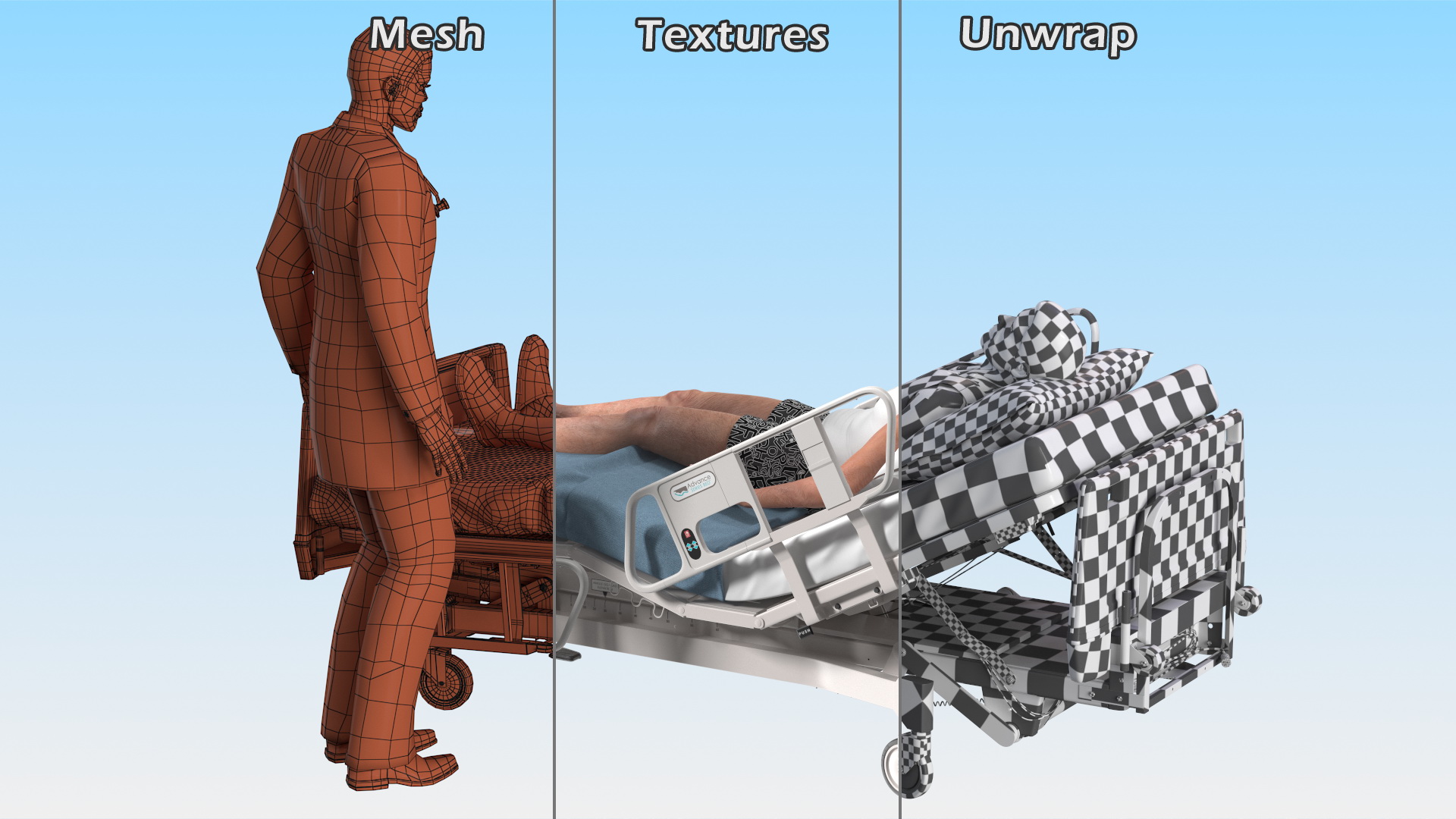 3D Patient on Hospital Bed 2 and Doctor Rigged model
