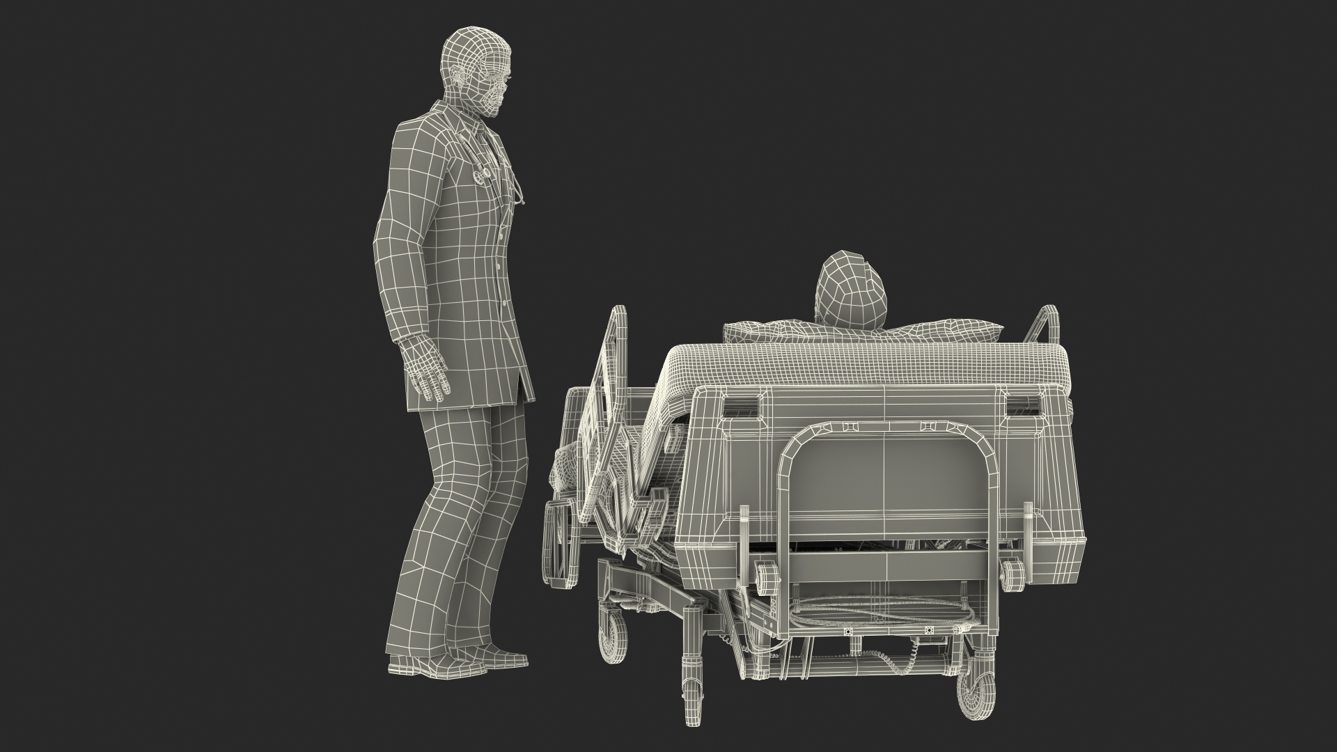 3D Patient on Hospital Bed 2 and Doctor Rigged model