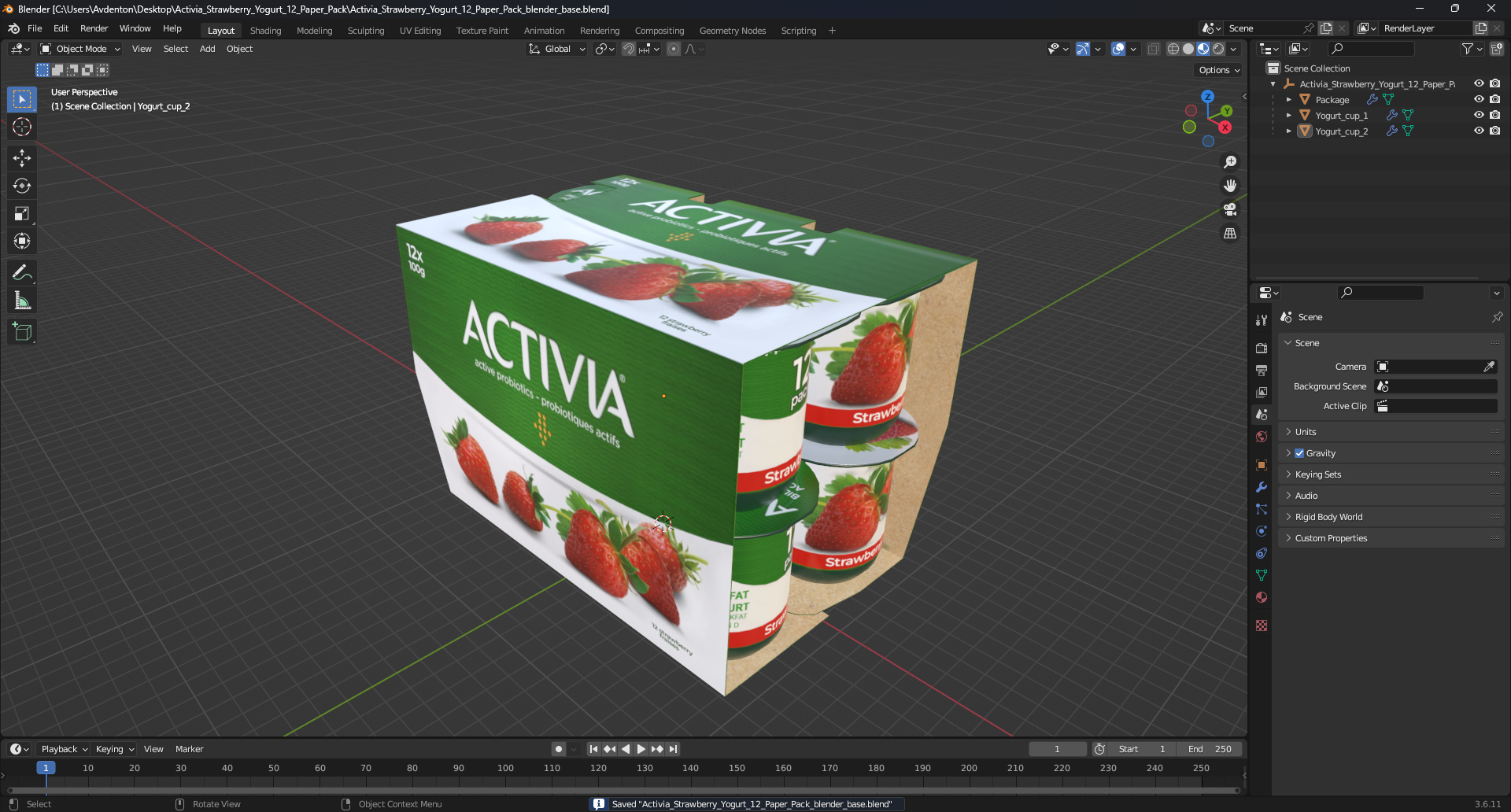 Activia Strawberry Yogurt 12 Paper Pack 3D model