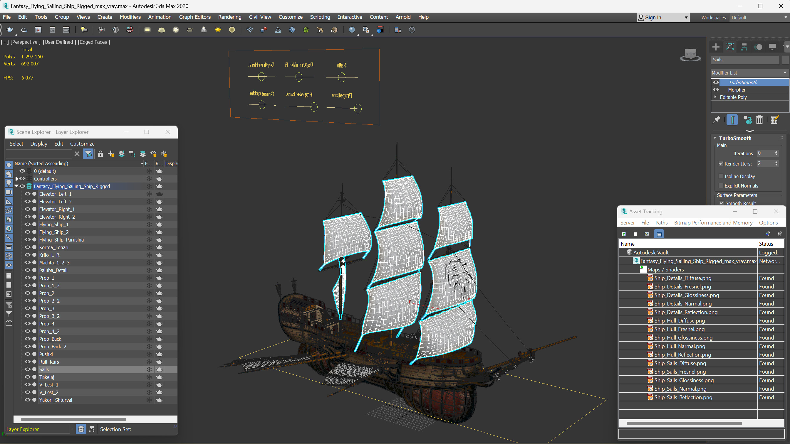 Fantasy Flying Sailing Ship Rigged 3D model