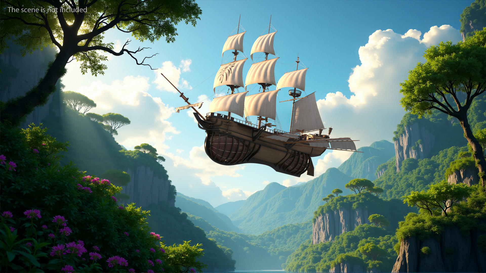 Fantasy Flying Sailing Ship Rigged 3D model
