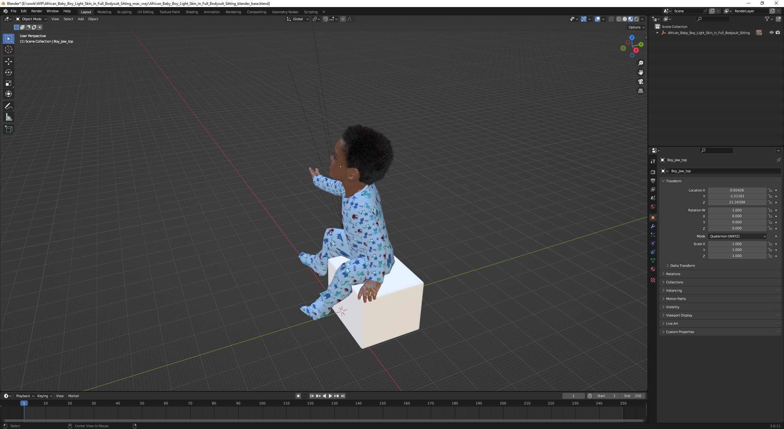 African Baby Boy Light Skin in Full Bodysuit Sitting 3D