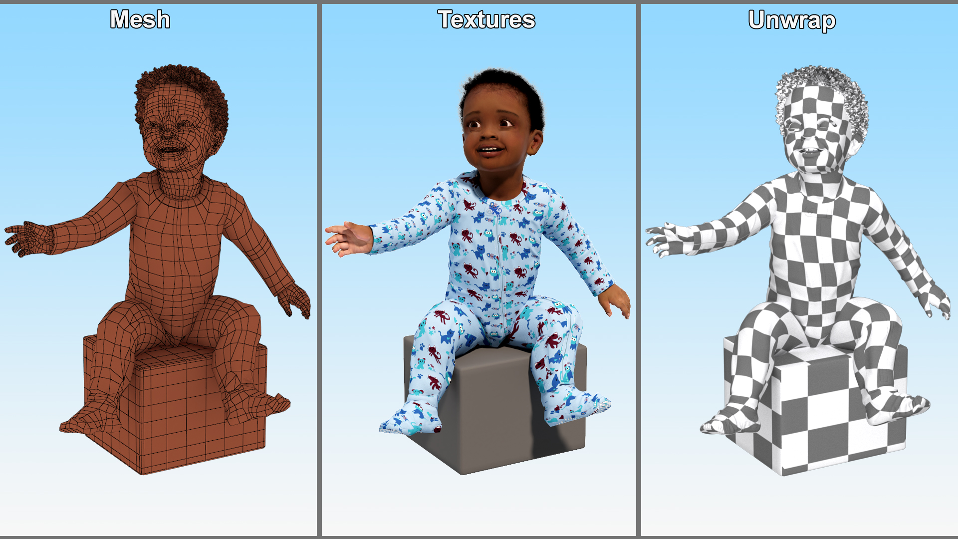 African Baby Boy Light Skin in Full Bodysuit Sitting 3D