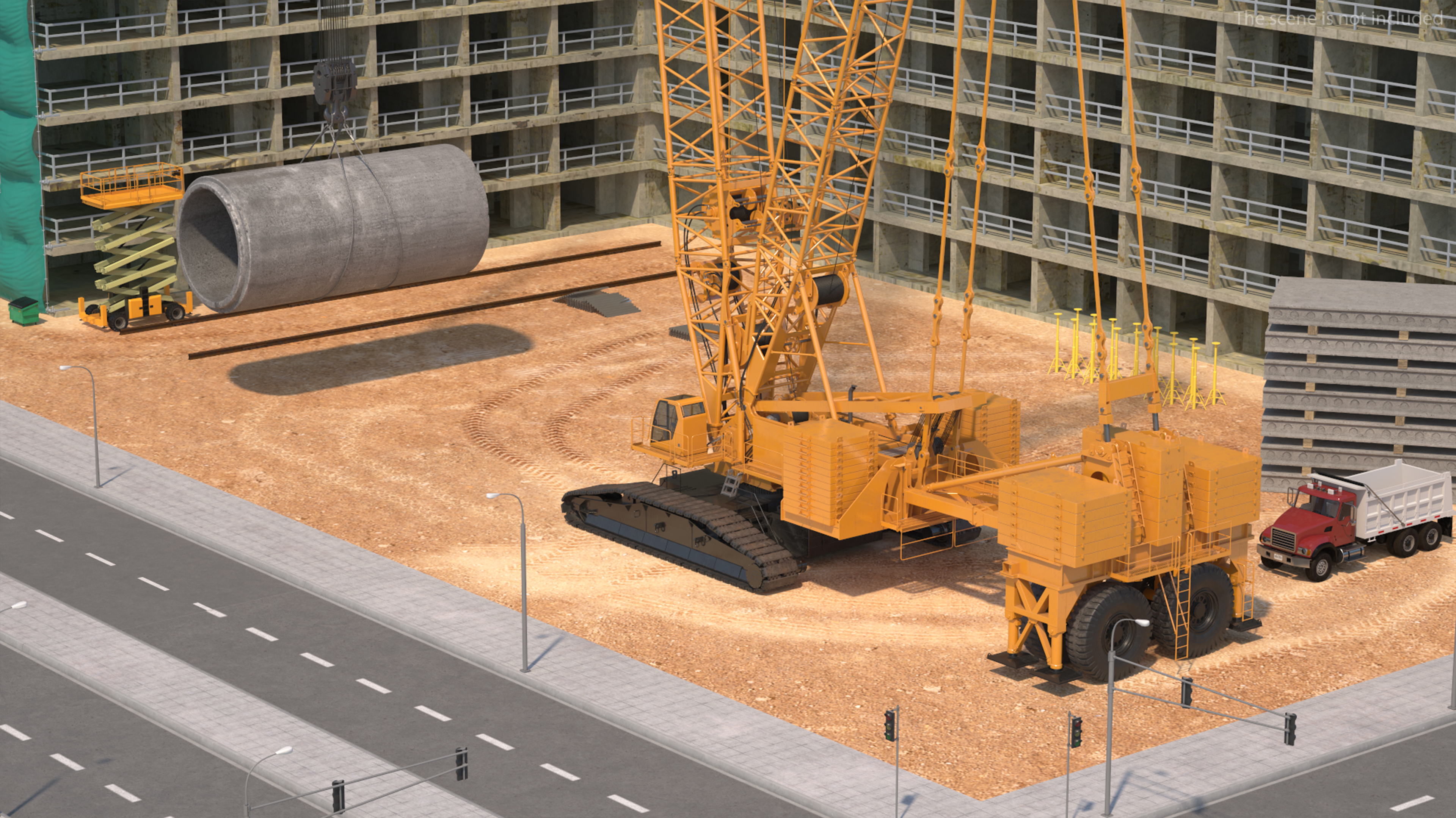 3D Tracked Crane with Reinforced Concrete Pipe model
