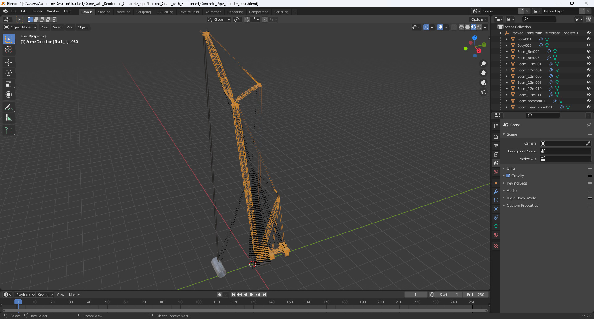 3D Tracked Crane with Reinforced Concrete Pipe model