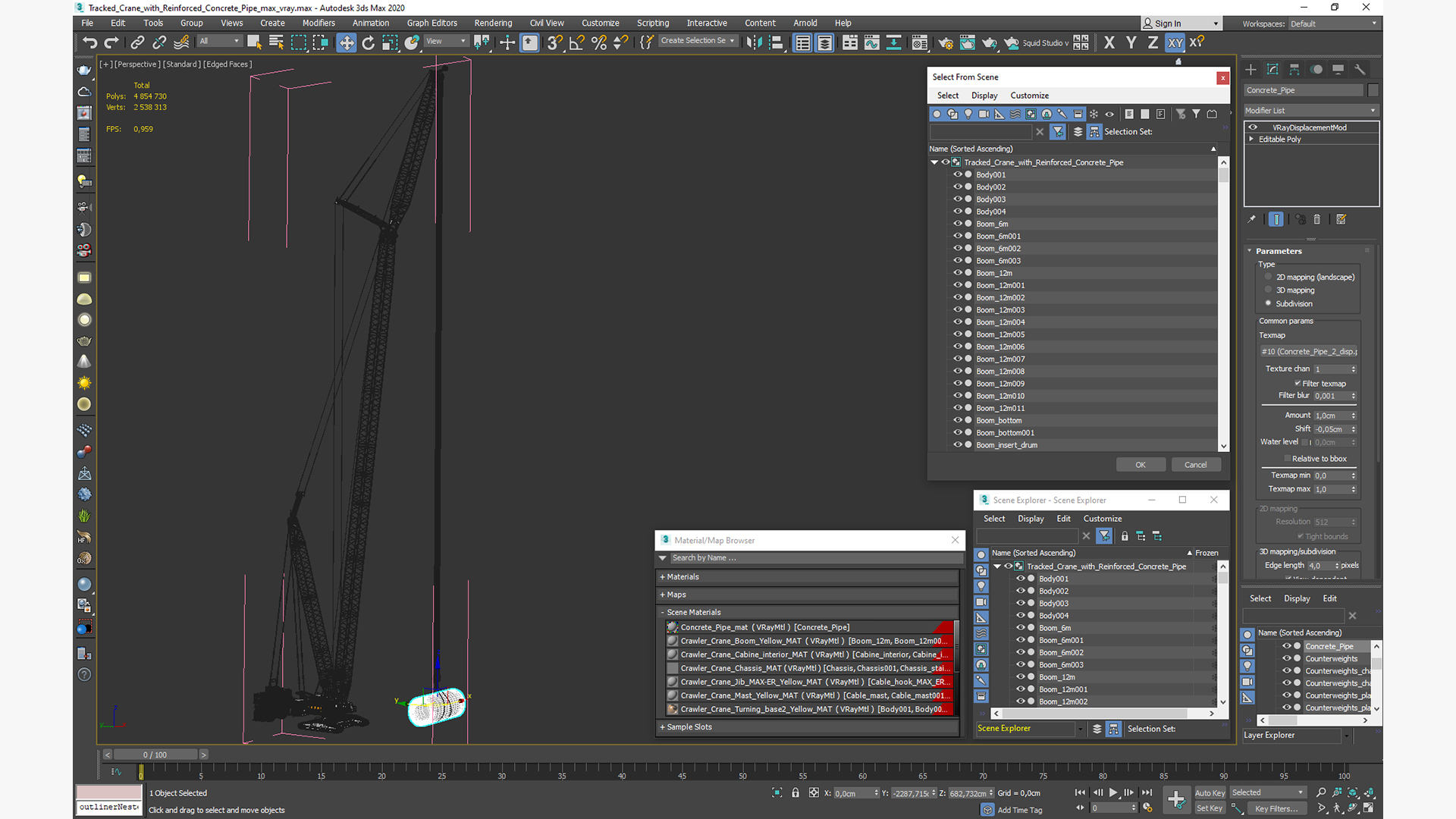 3D Tracked Crane with Reinforced Concrete Pipe model