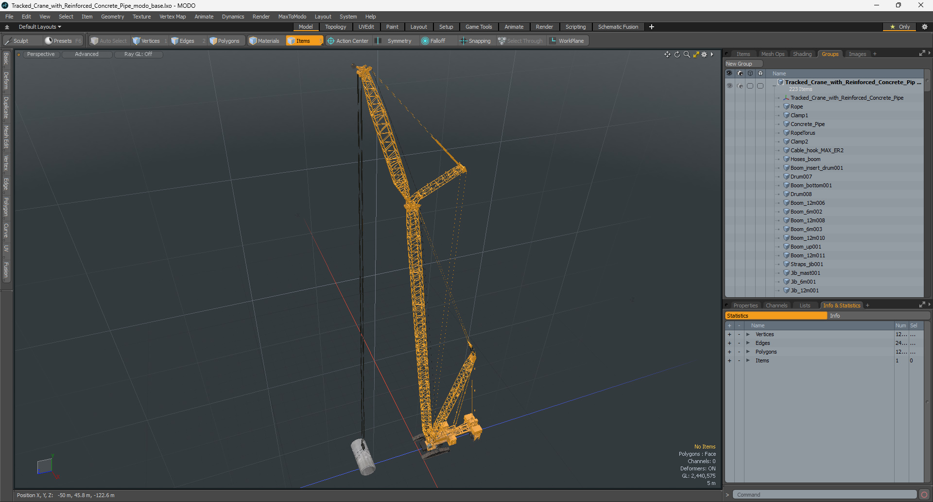 3D Tracked Crane with Reinforced Concrete Pipe model