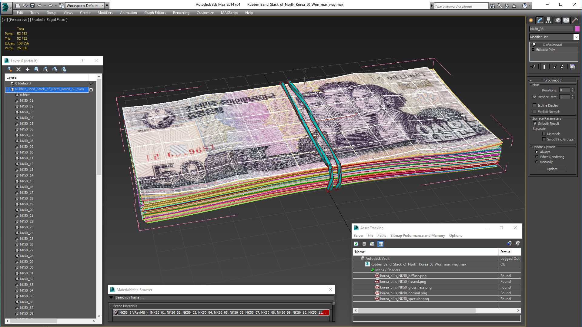 Rubber Band Stack of North Korea 50 Won 3D model