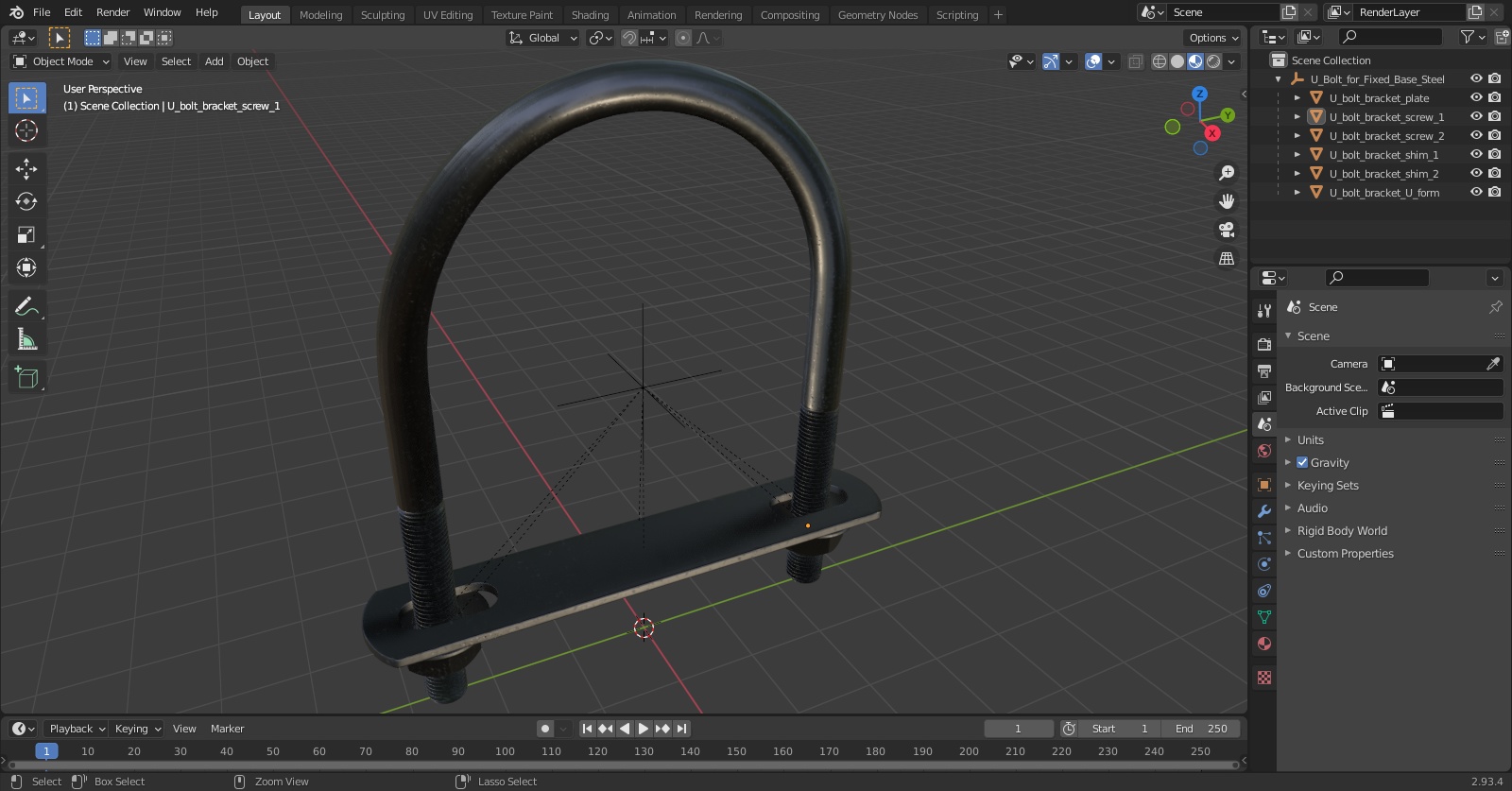 U Bolt for Fixed Base Steel 3D