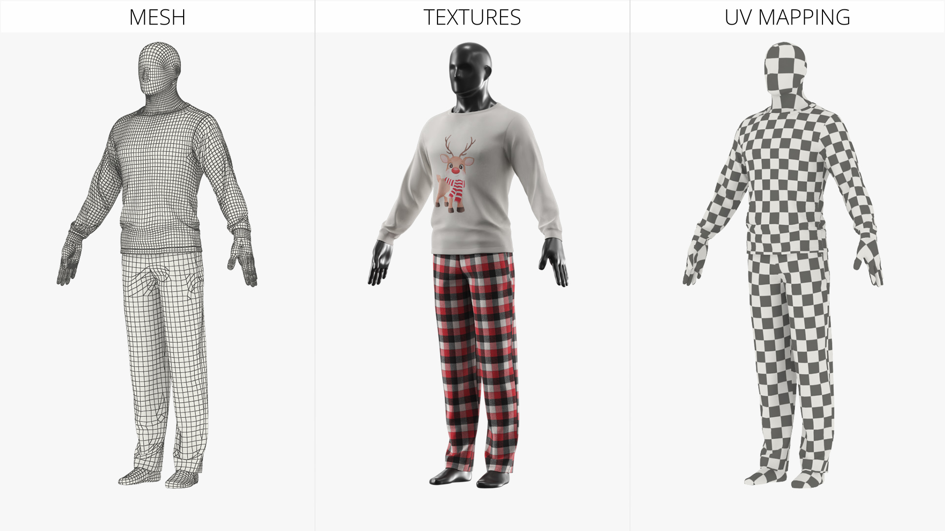 Mens Pajama Set with Reindeer Print Red Black White, view 11