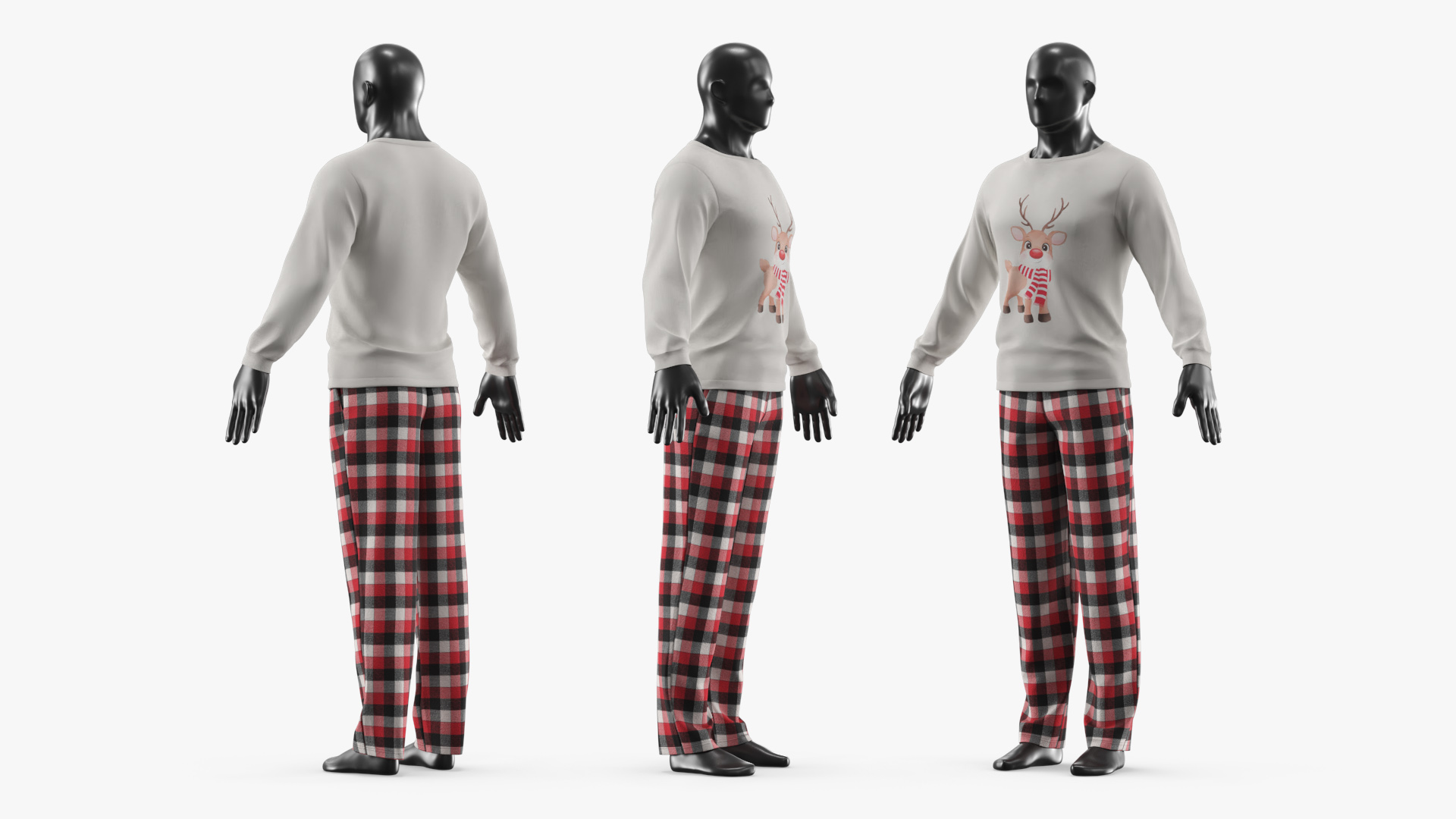 Mens Pajama Set with Reindeer Print Red Black White - view 2
