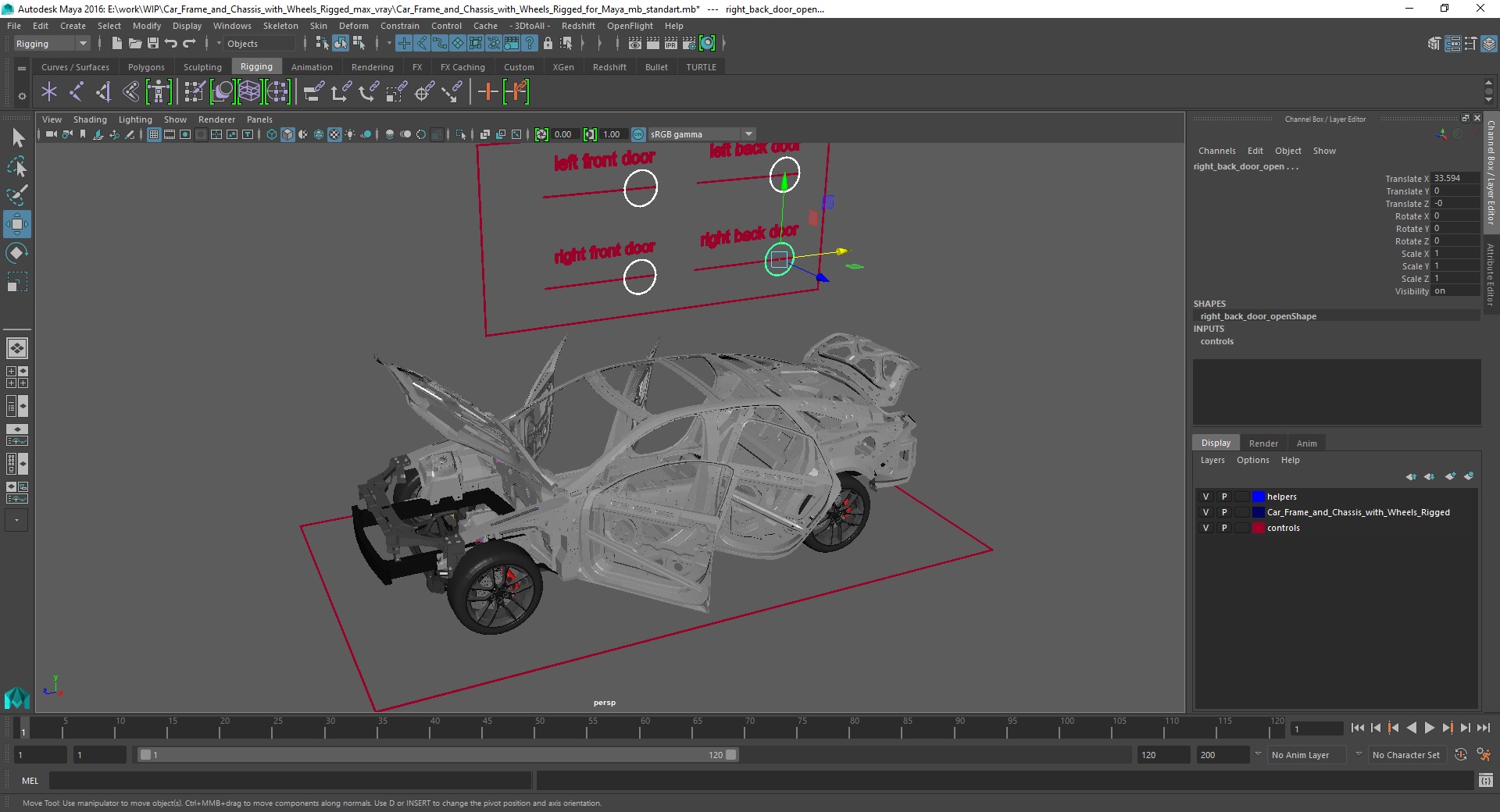 Car Frame and Chassis with Wheels Rigged for Maya 3D model