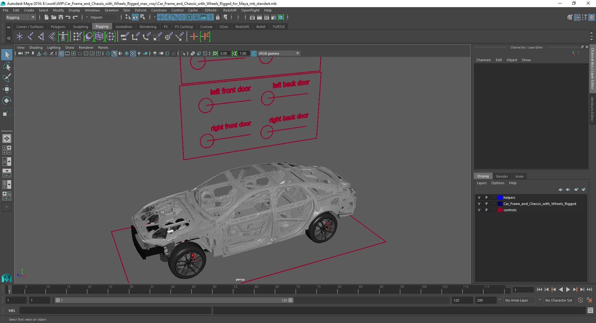 Car Frame and Chassis with Wheels Rigged for Maya 3D model